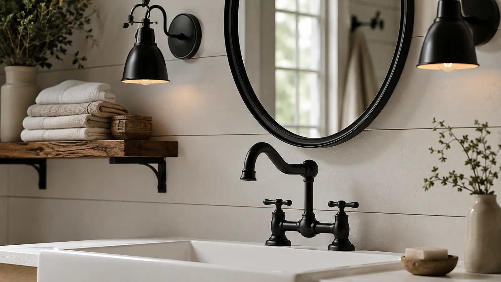 Matte black bridge faucet on an apron sink with a black framed mirror and black sconces