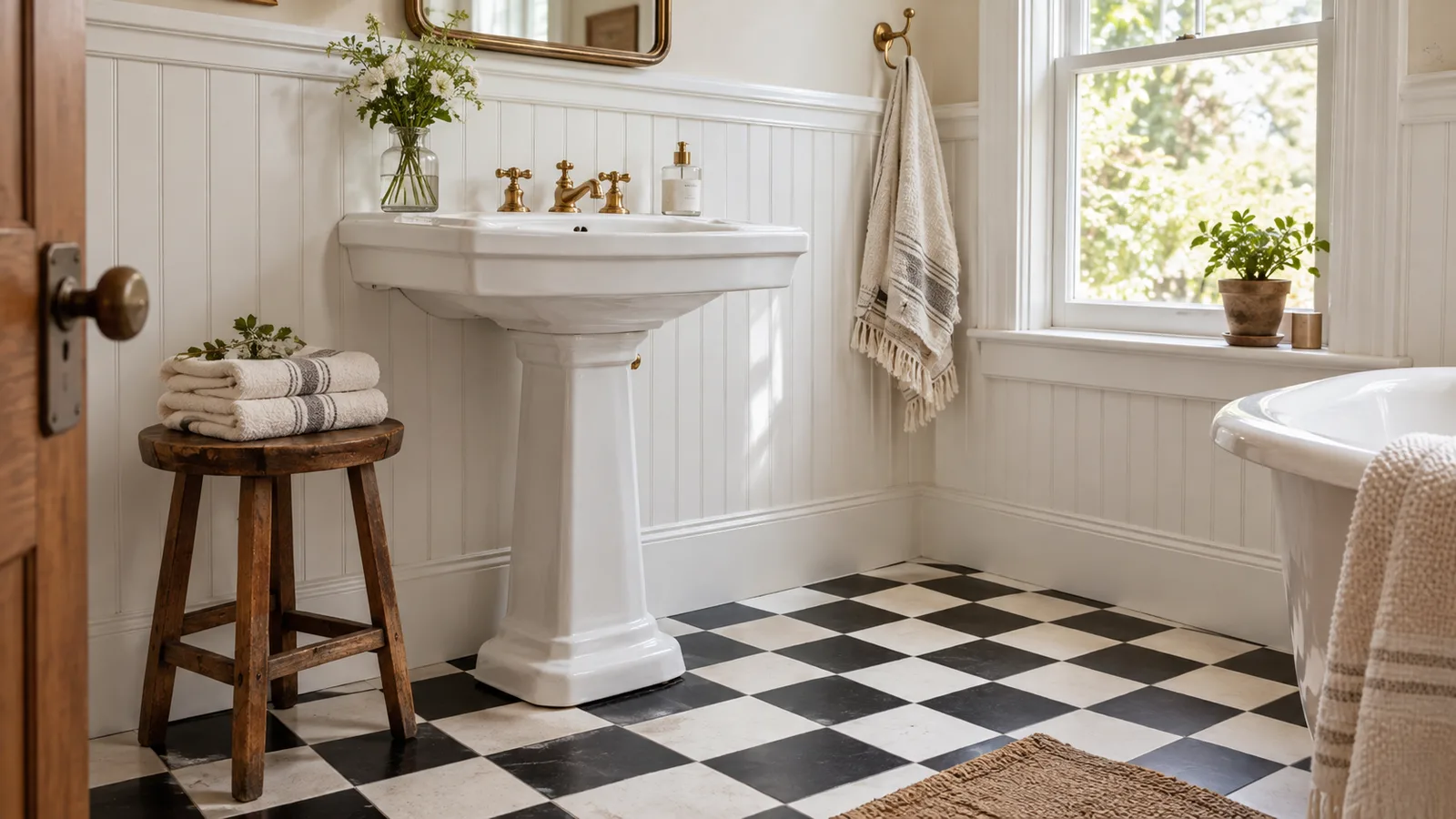 Black and white checkerboard floor with a white pedestal sink and beadboard
