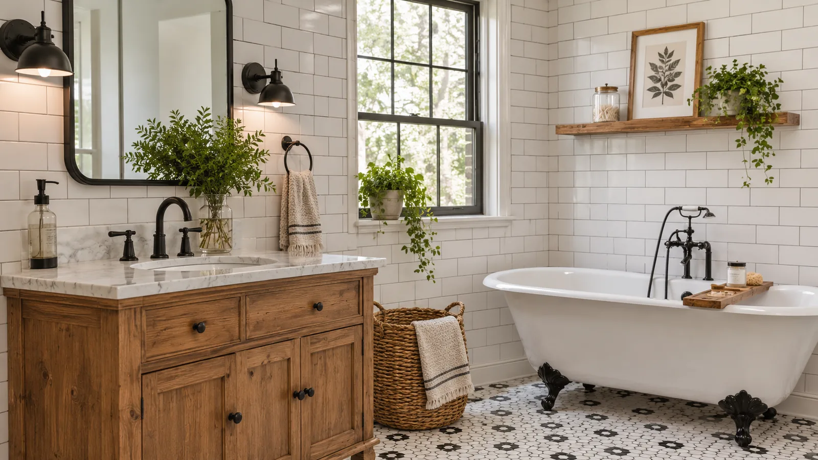 Black and white farmhouse bathroom with white subway tile, black hexagon floor accents, a wood vanity and matte black fixtures