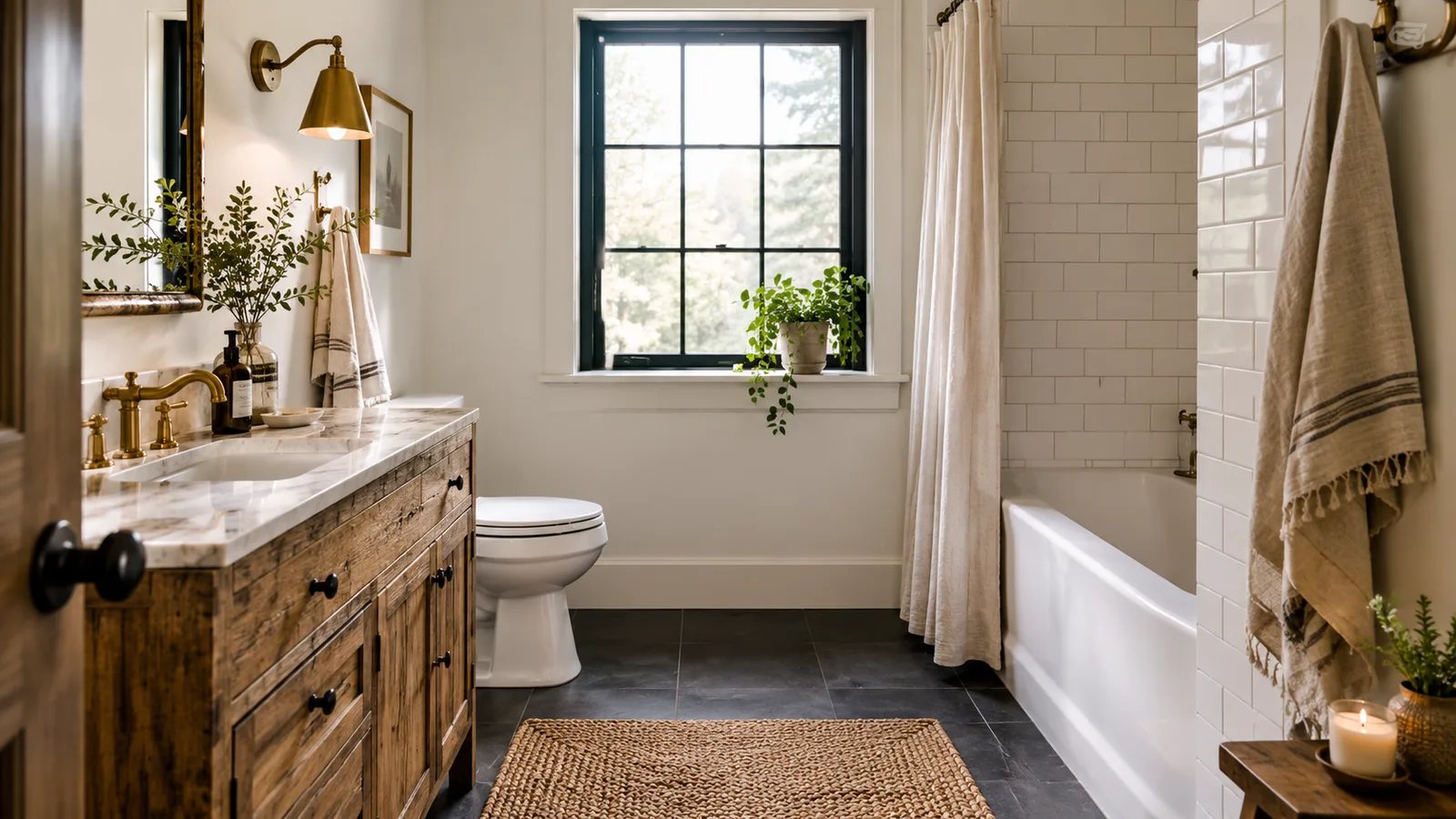 Black and white bathroom with a reclaimed wood vanity, jute mat, brass sconce and plant
