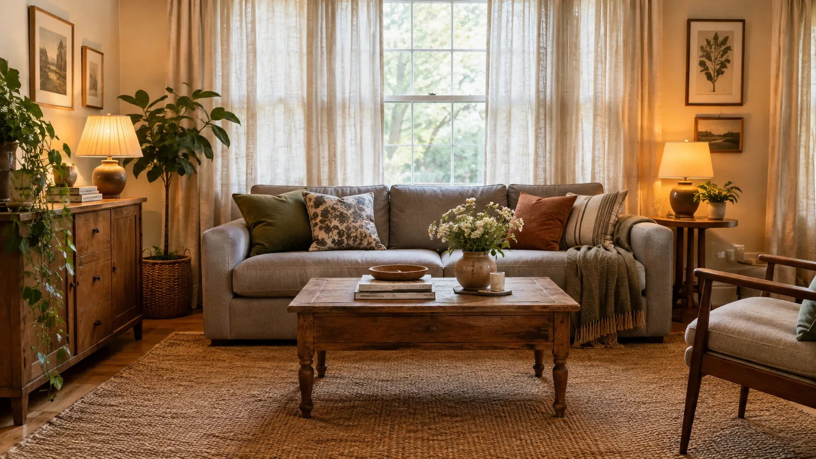 Budget-friendly small living room with a secondhand wood coffee table, new linen curtains hung high, a large rug and warm lamp light