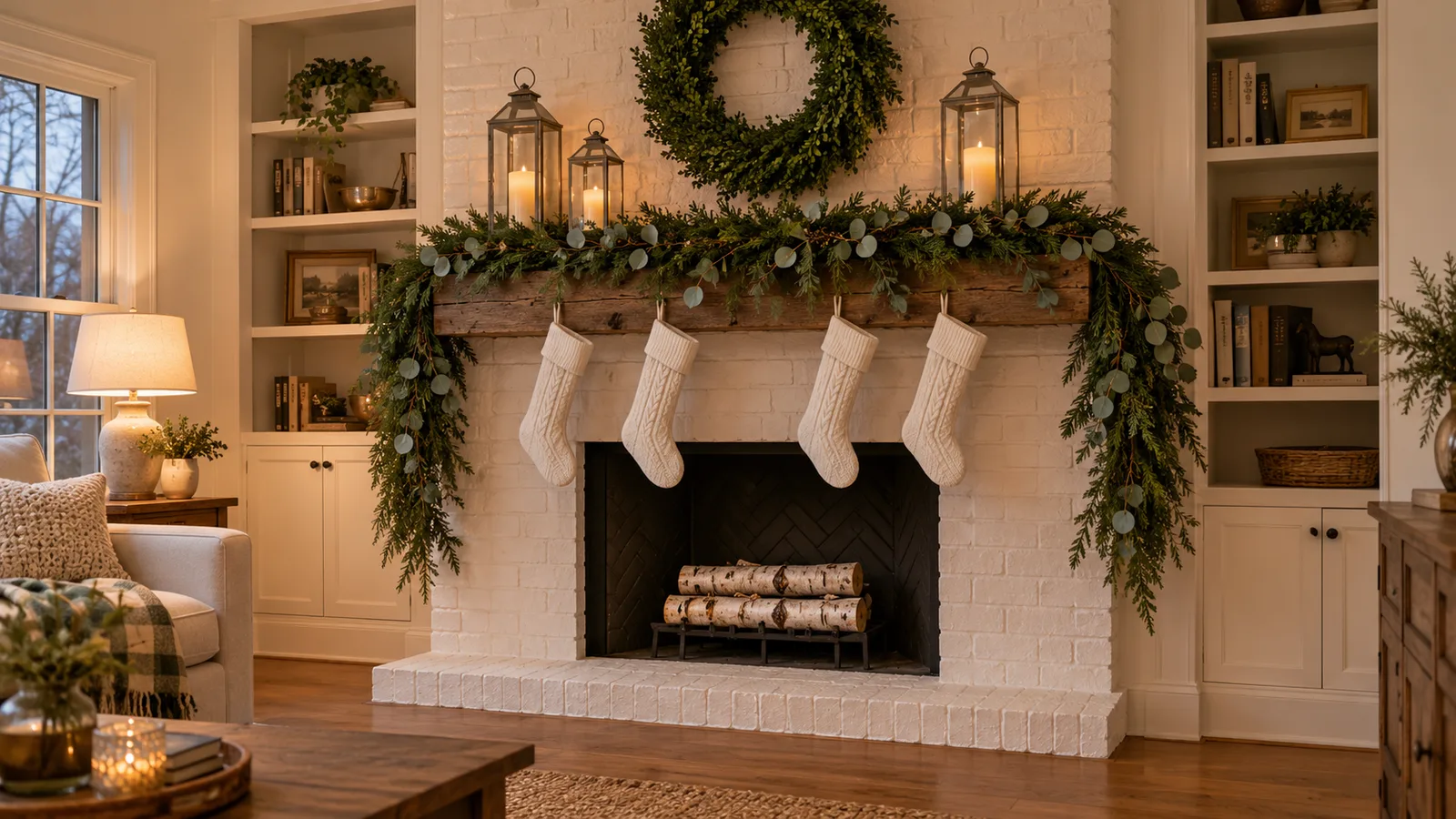 Farmhouse Christmas mantel with a full pine garland, white candles in lanterns, knit stockings and a round wreath above a white painted brick fireplace