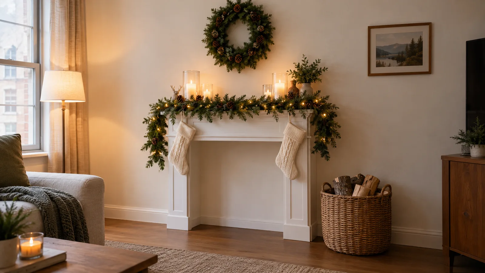Freestanding faux mantel with garland, battery candles and stockings in an apartment