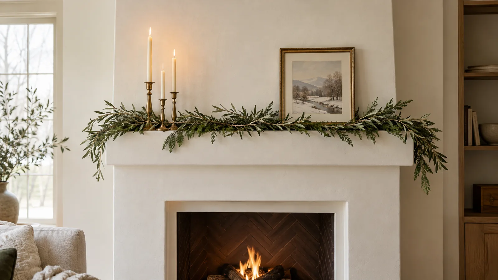 Minimalist Christmas mantel with a loose sprig garland and brass taper candles