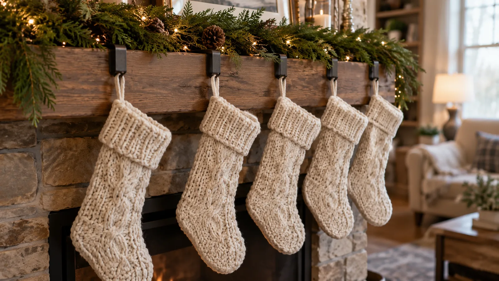 Matching knit stockings hung evenly from black iron holders on a wood mantel