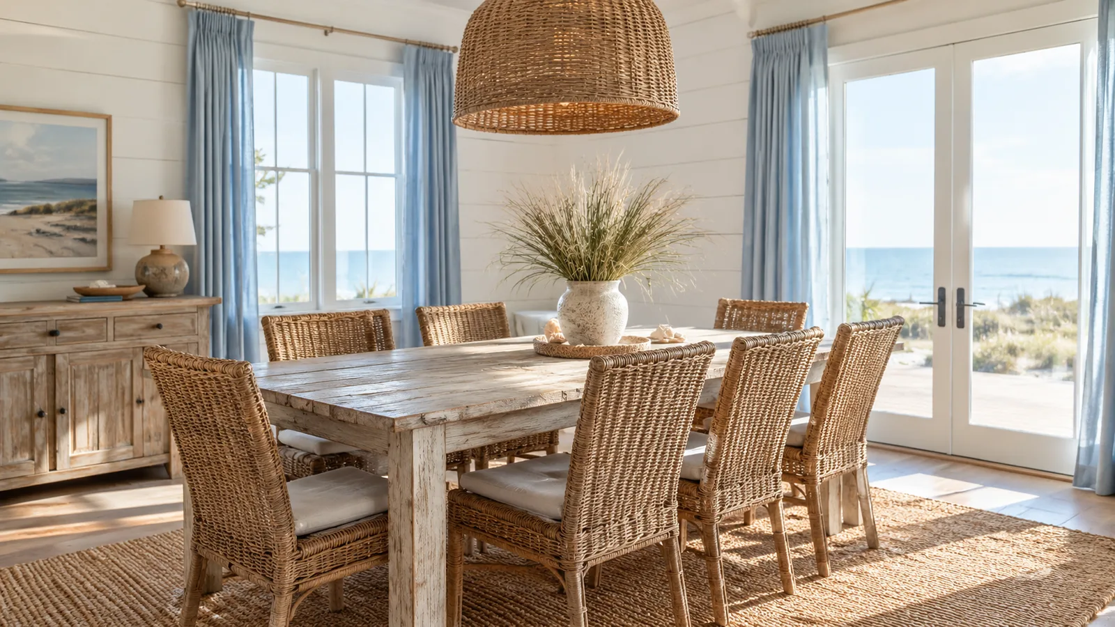 Bright coastal farmhouse dining room with a weathered wood table, rattan chairs and a woven pendant light