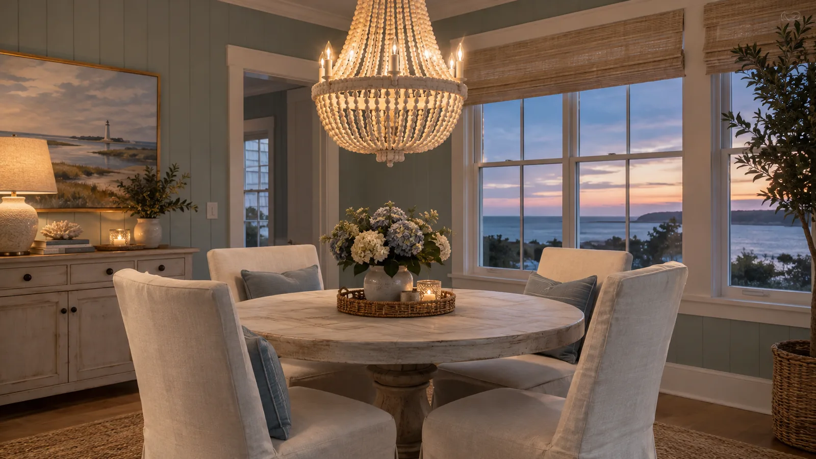 White wood bead chandelier glowing over a round whitewashed table at dusk