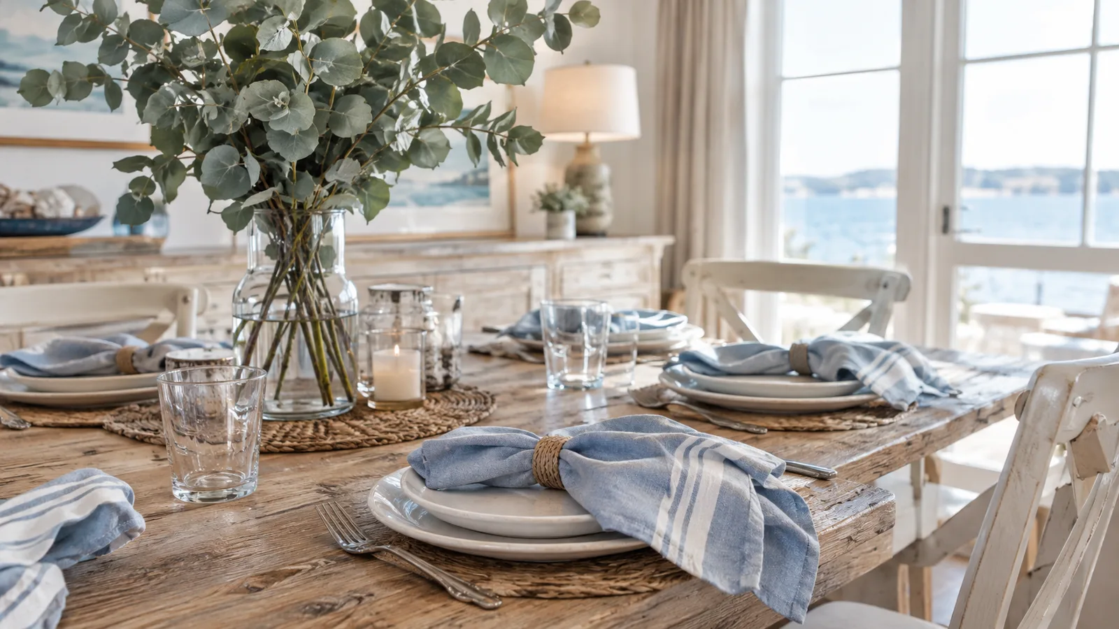 Blue and white linen napkins, white stoneware and a pale wood table