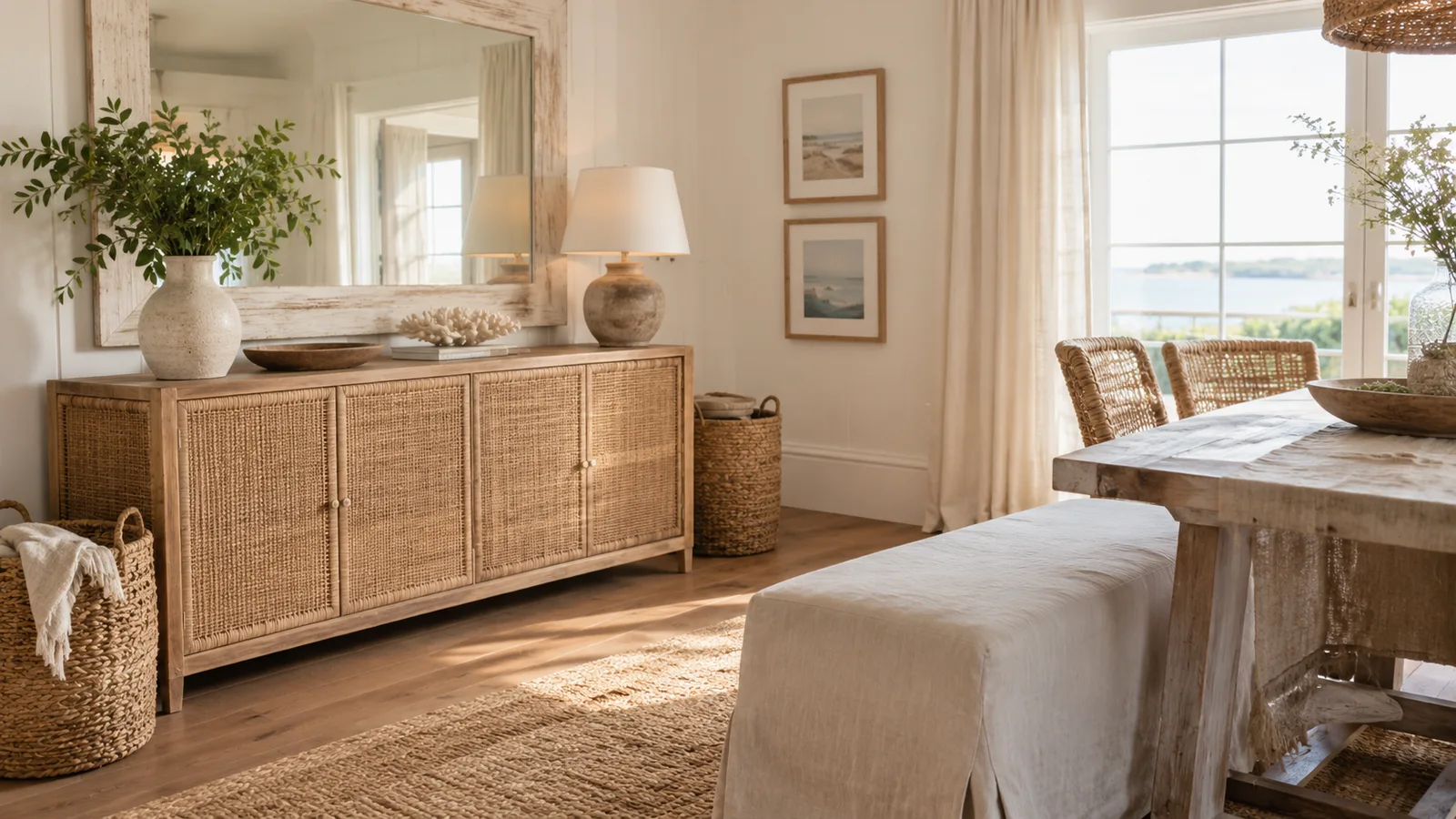 Rattan sideboard, woven baskets, whitewashed mirror and a linen-slipcovered bench