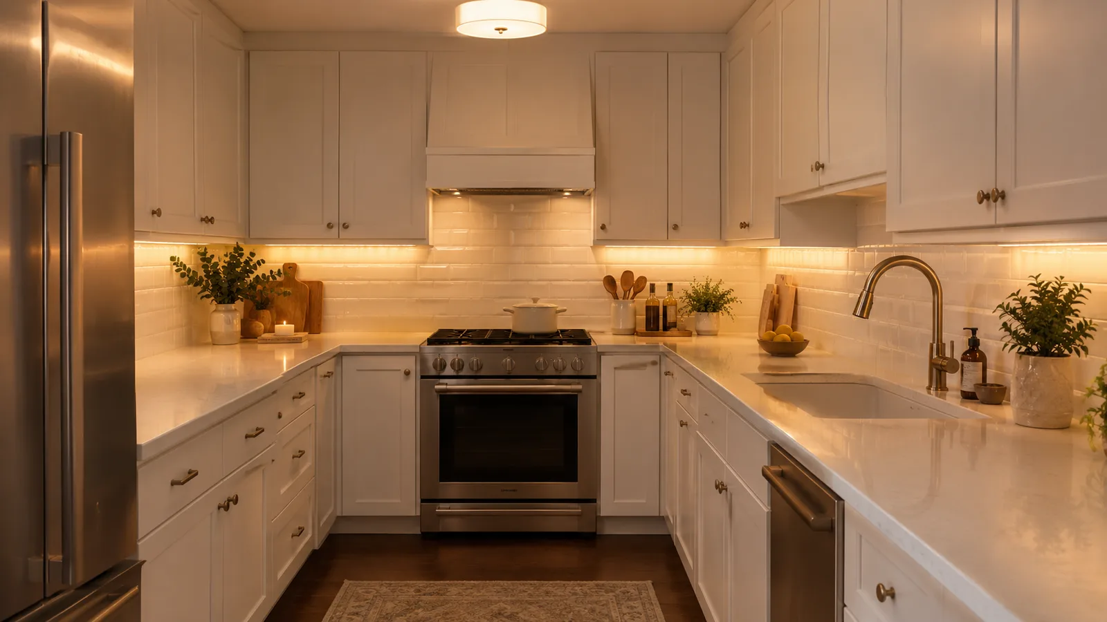 Small kitchen with no window brightened by warm under-cabinet lighting, white cabinets and a glossy white tile backsplash