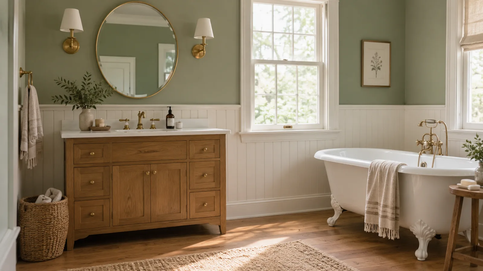 Farmhouse bathroom painted soft sage green with white beadboard wainscoting, wood vanity and brass fixtures