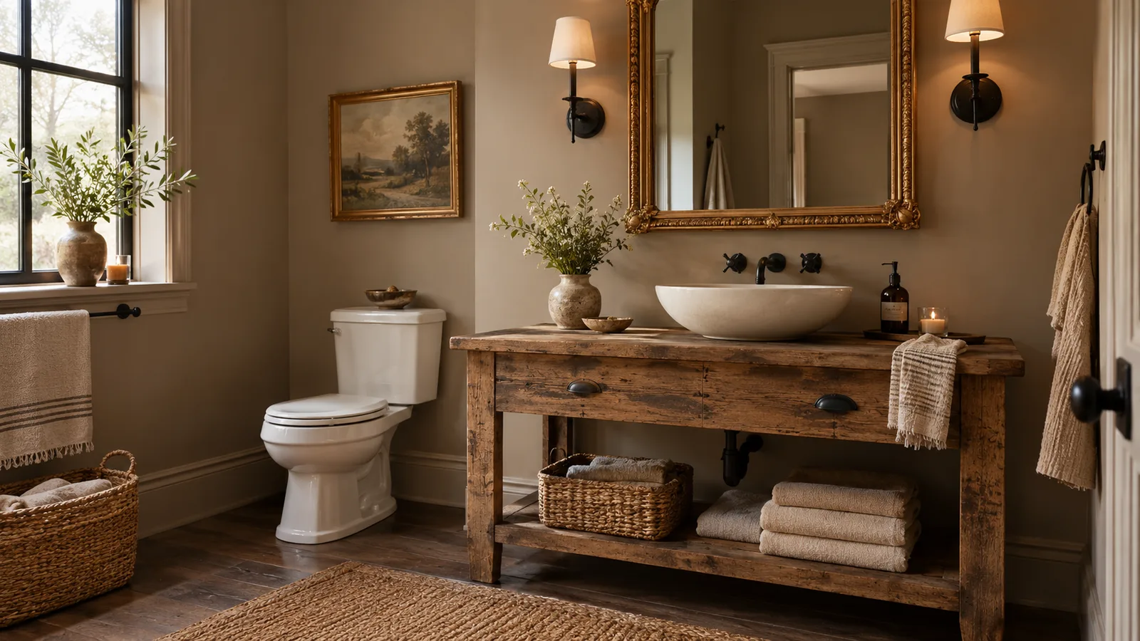 Rustic bathroom with warm greige walls, reclaimed wood vanity and vessel sink