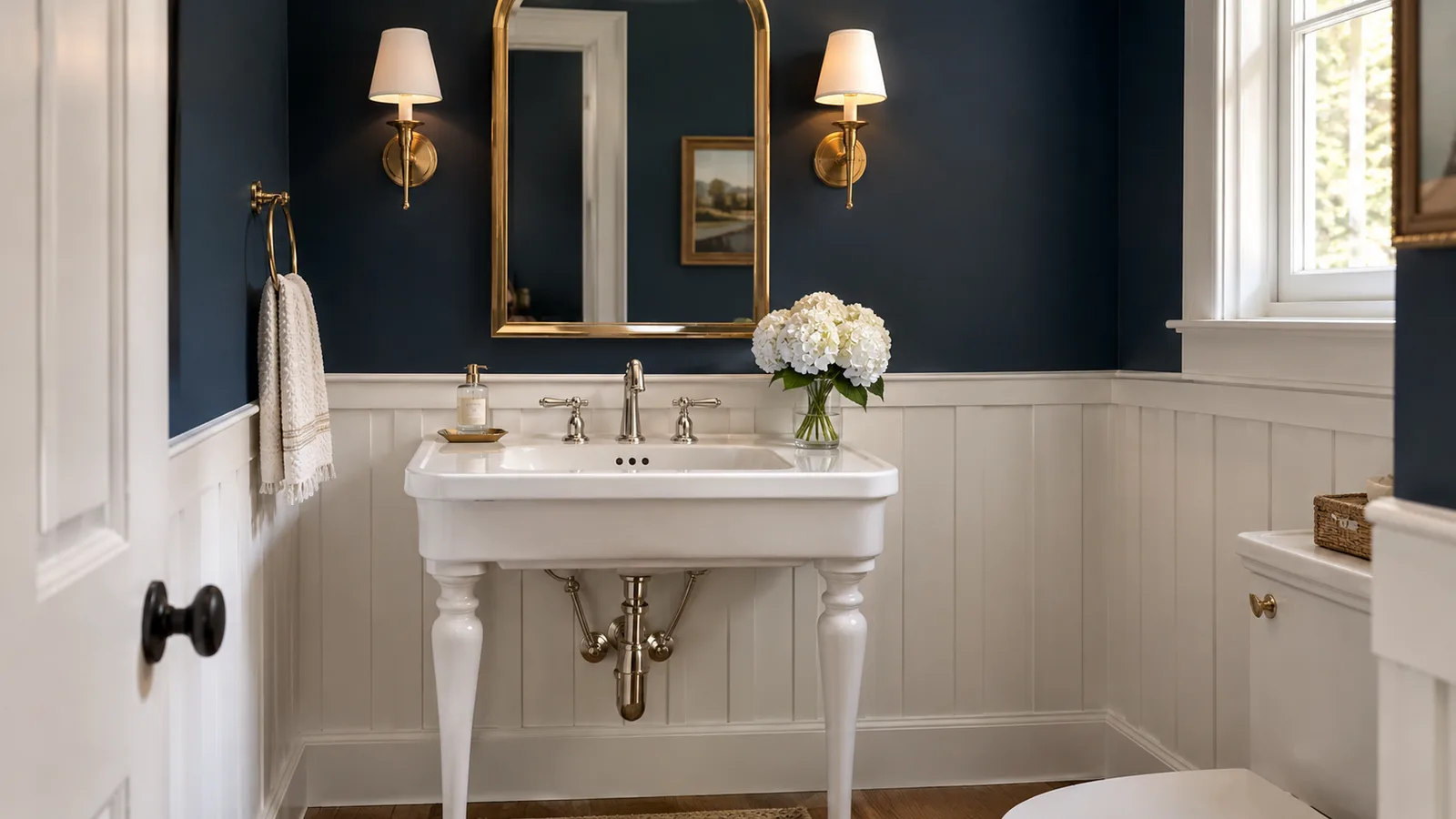Farmhouse powder room with deep navy walls, white board and batten trim and a console sink