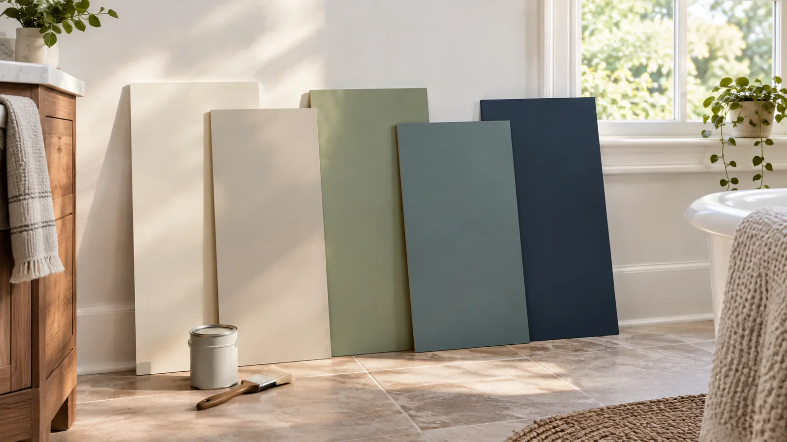 Large painted sample boards in white, greige, sage, blue-green and navy leaned against a bathroom wall