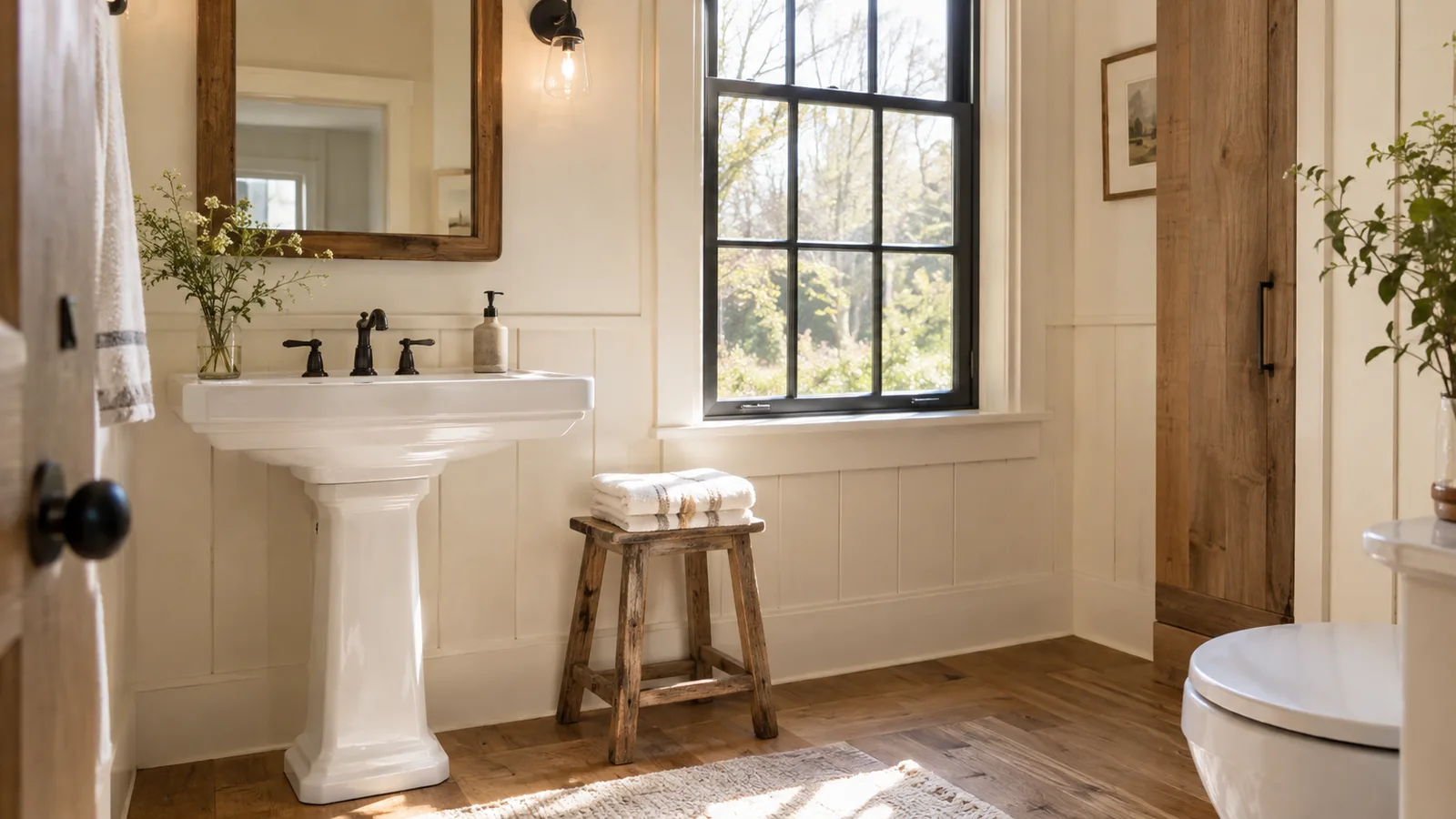 Bright farmhouse bathroom painted warm creamy white with wood accents and a pedestal sink