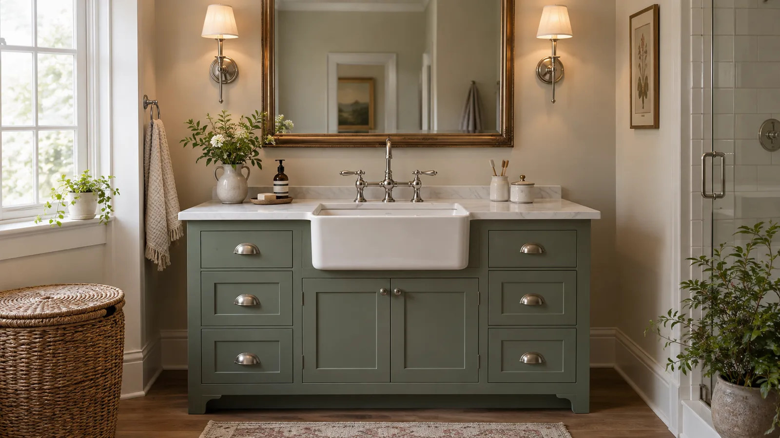 Small white apron-front sink in a sage green vanity with polished nickel bridge faucet and wall sconces