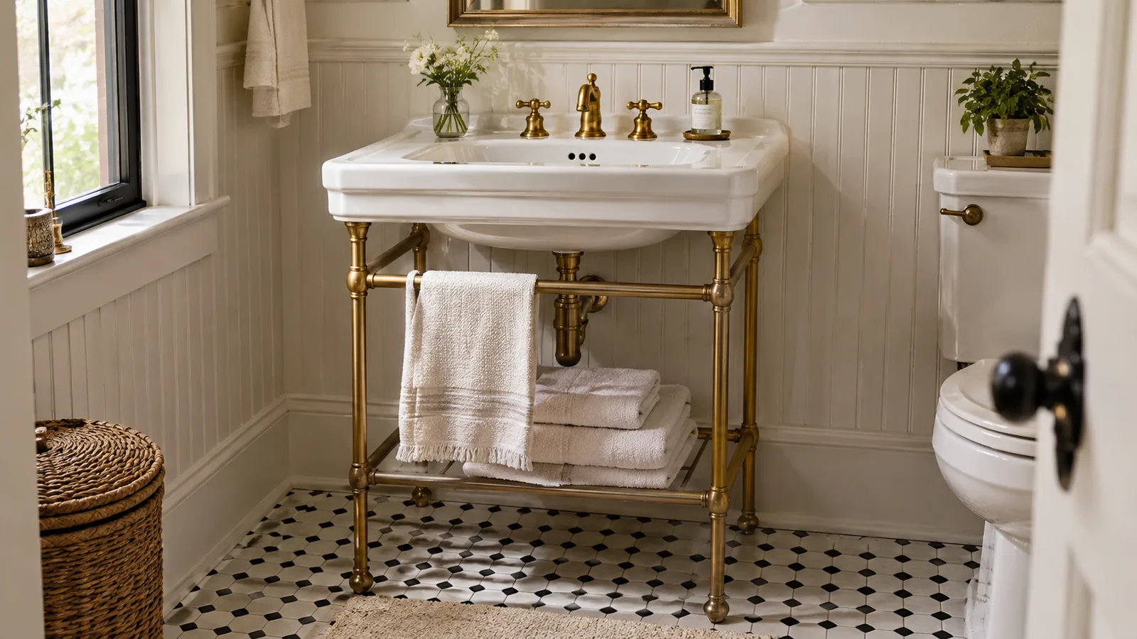 White ceramic console sink on brass legs with towel bar and folded towels above hexagon tile floor