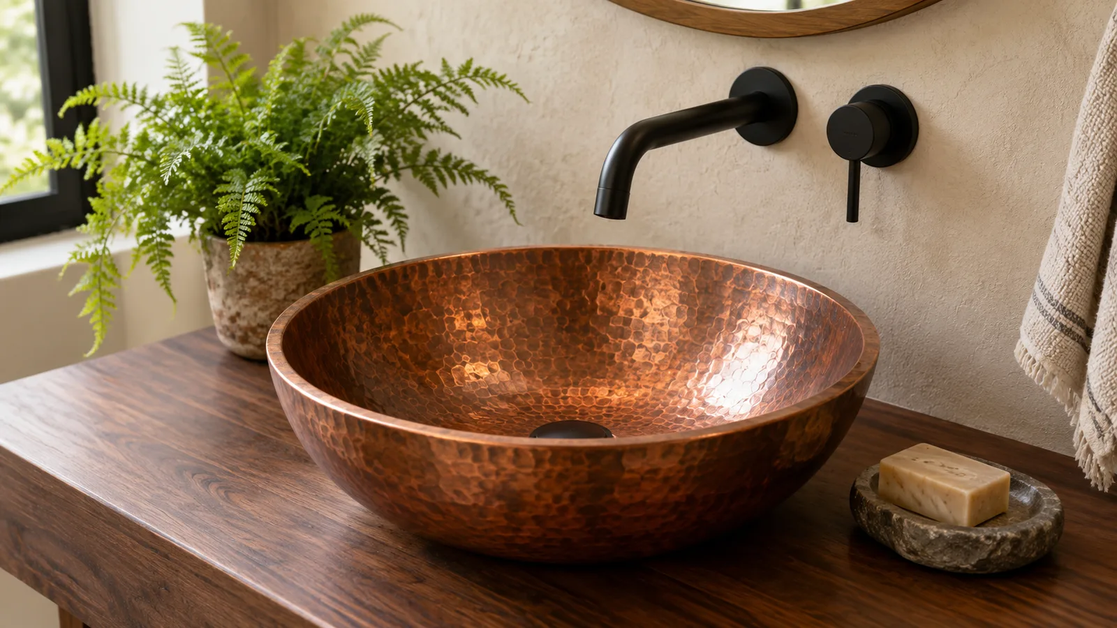 Hammered copper vessel sink with warm patina on a walnut vanity with a black wall-mounted faucet