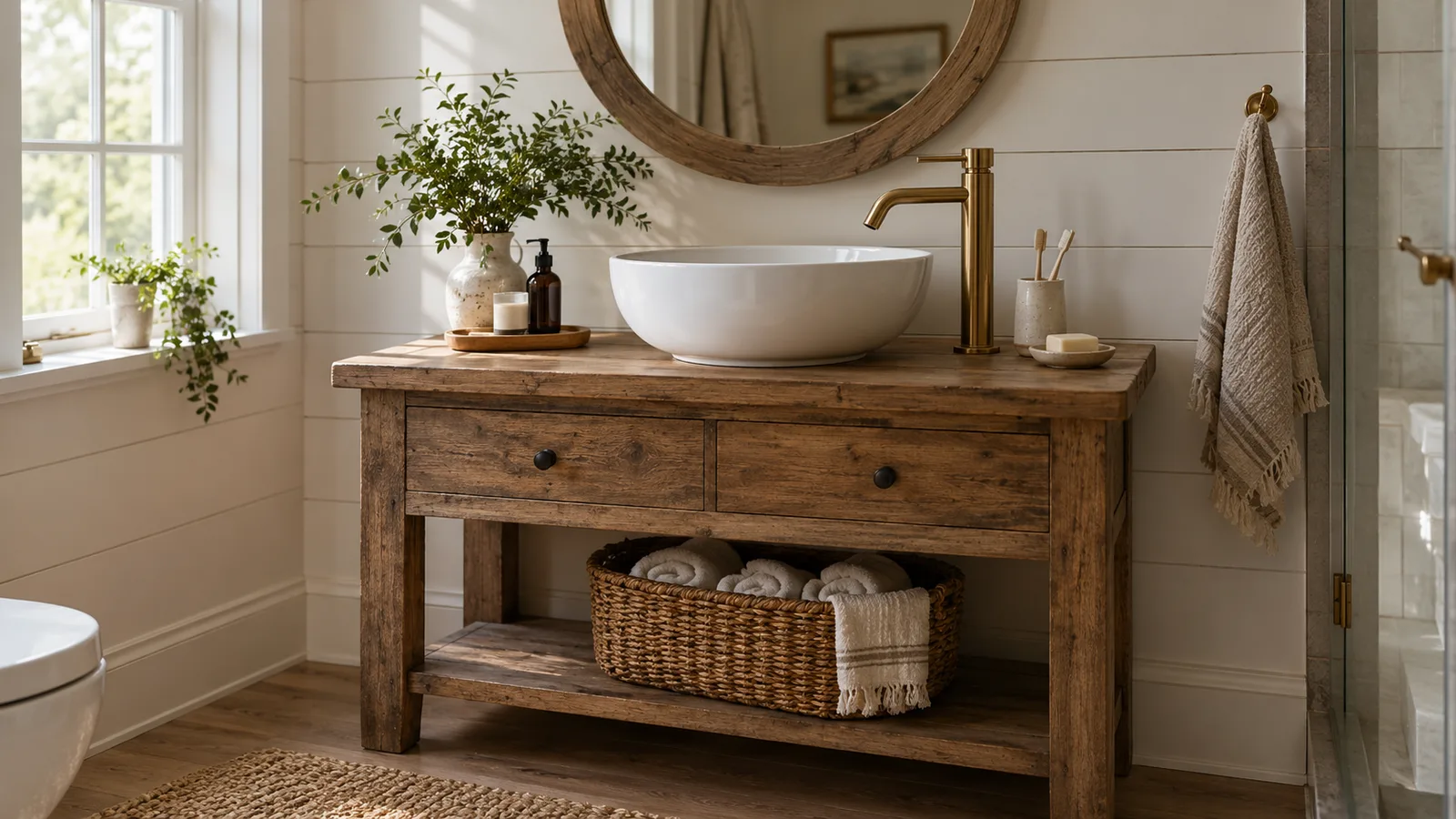 Rustic farmhouse bathroom with a white vessel sink on a reclaimed wood vanity, round mirror and brass faucet