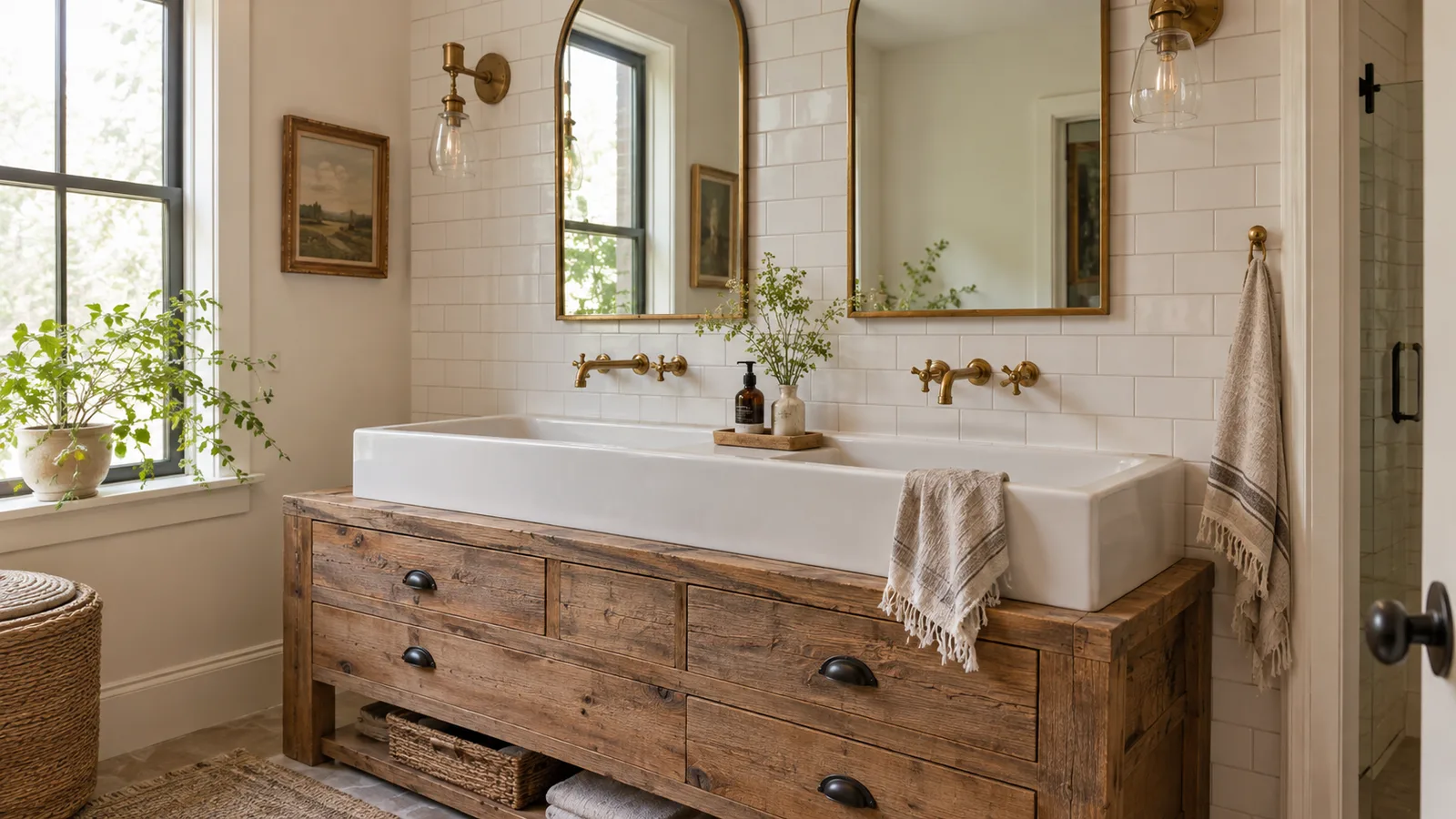 Long white fireclay trough sink with two brass wall-mounted faucets on a reclaimed wood vanity