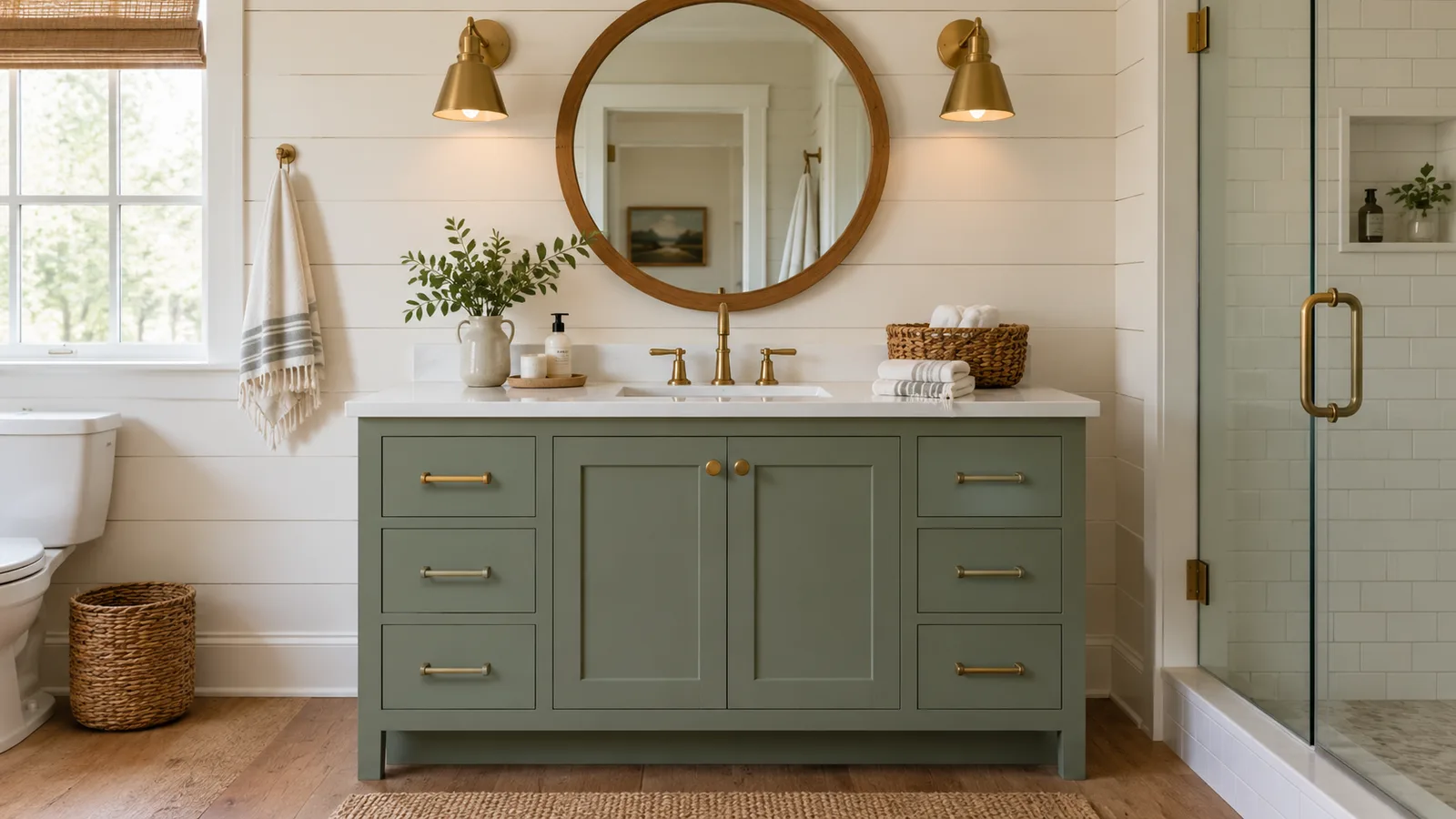 Farmhouse bathroom with a painted sage green shaker vanity, white quartz top, brass faucet and round wood mirror