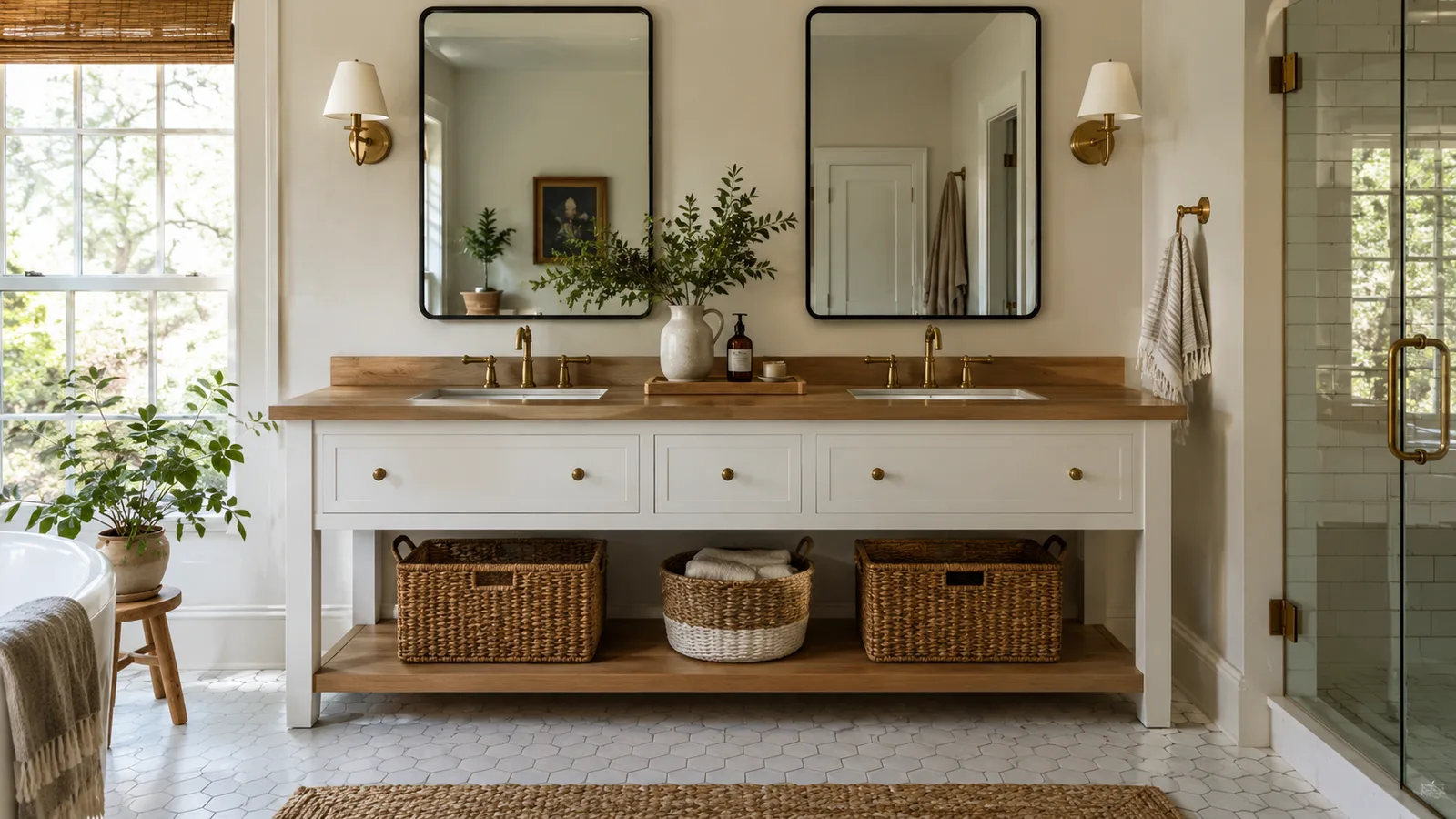 White 72 inch double vanity with two sinks, brass faucets and two mirrors