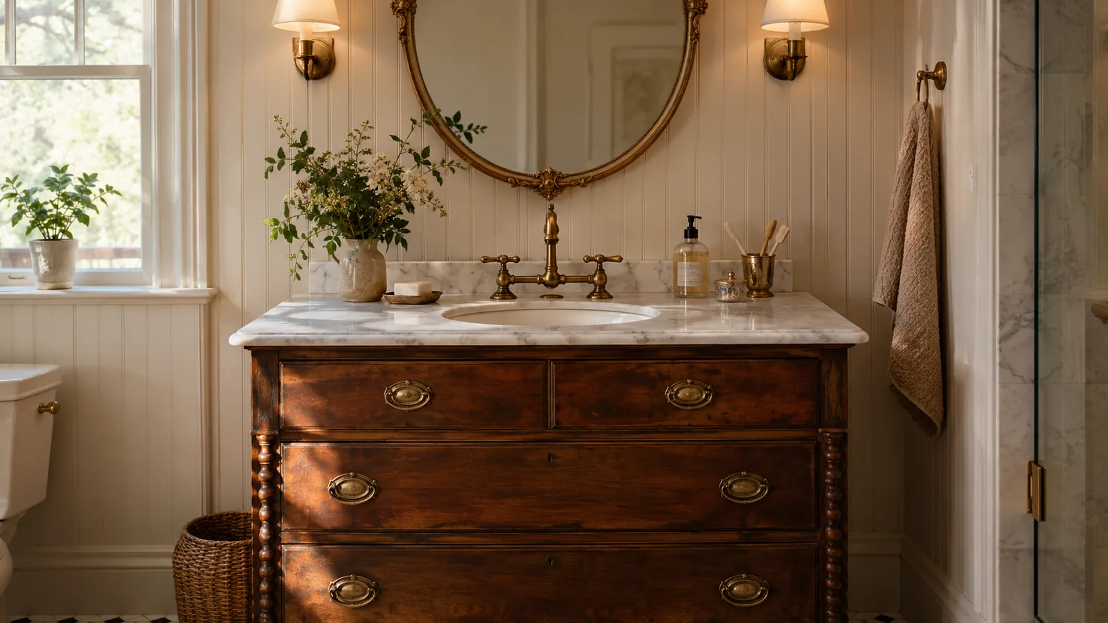 Vintage dresser converted into a vanity with an undermount sink and marble top