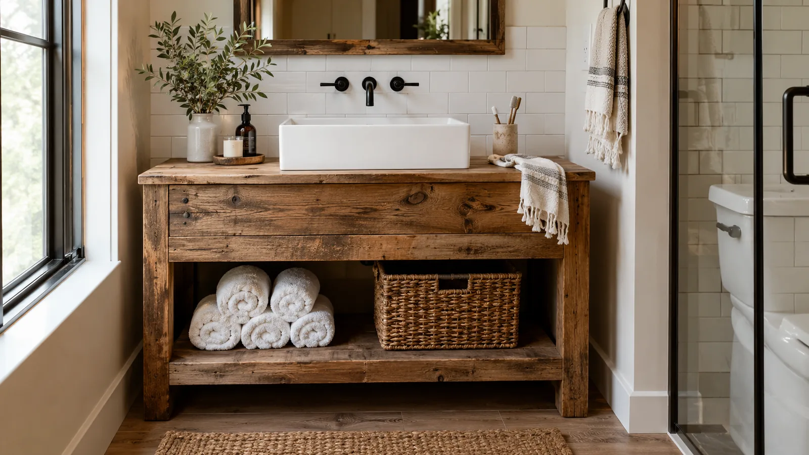 Reclaimed wood vanity with open lower shelf, baskets and a white vessel sink