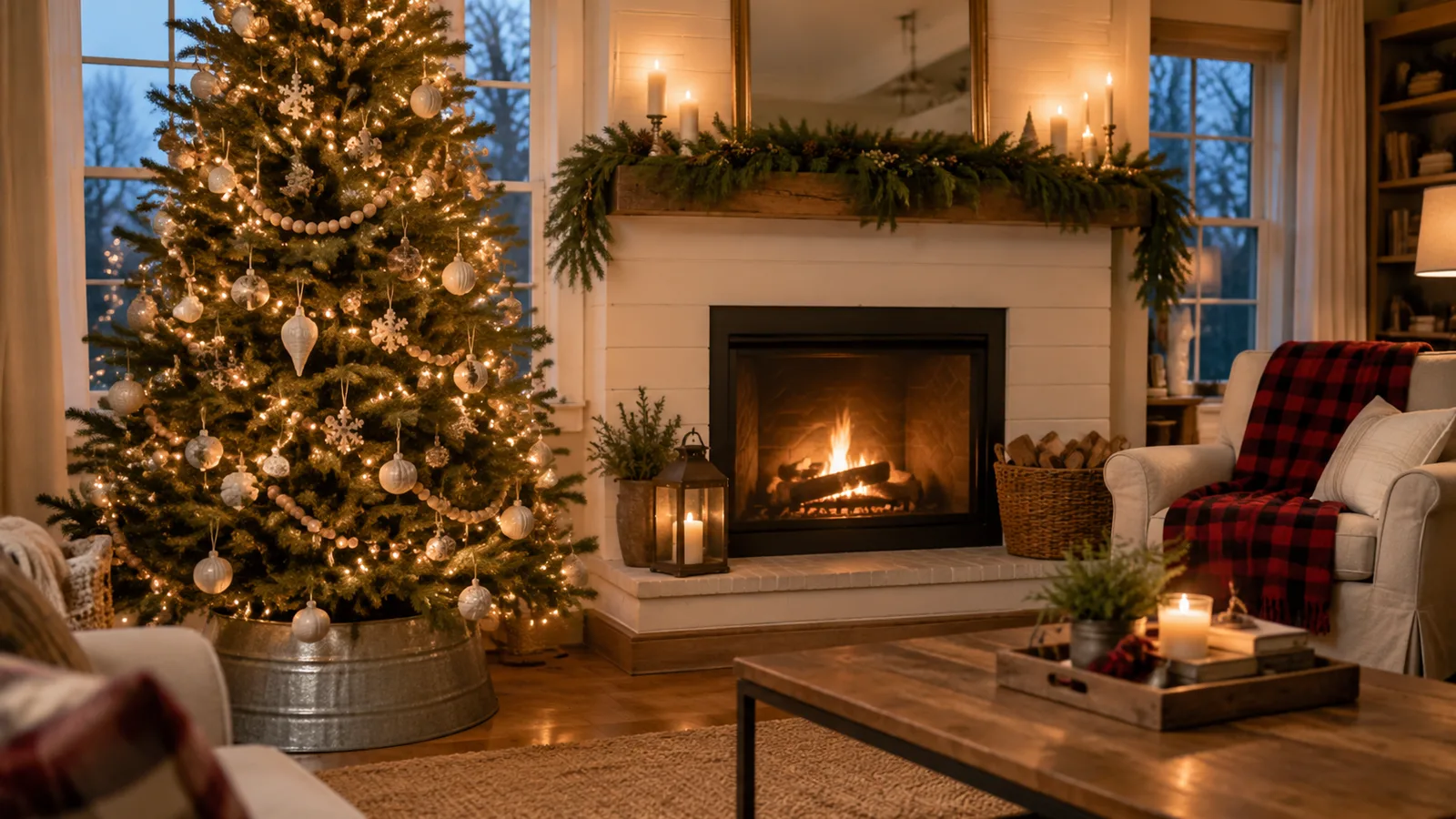 Farmhouse living room decorated for Christmas with a warm-lit tree, wood bead garland, a greenery mantel and a buffalo check throw