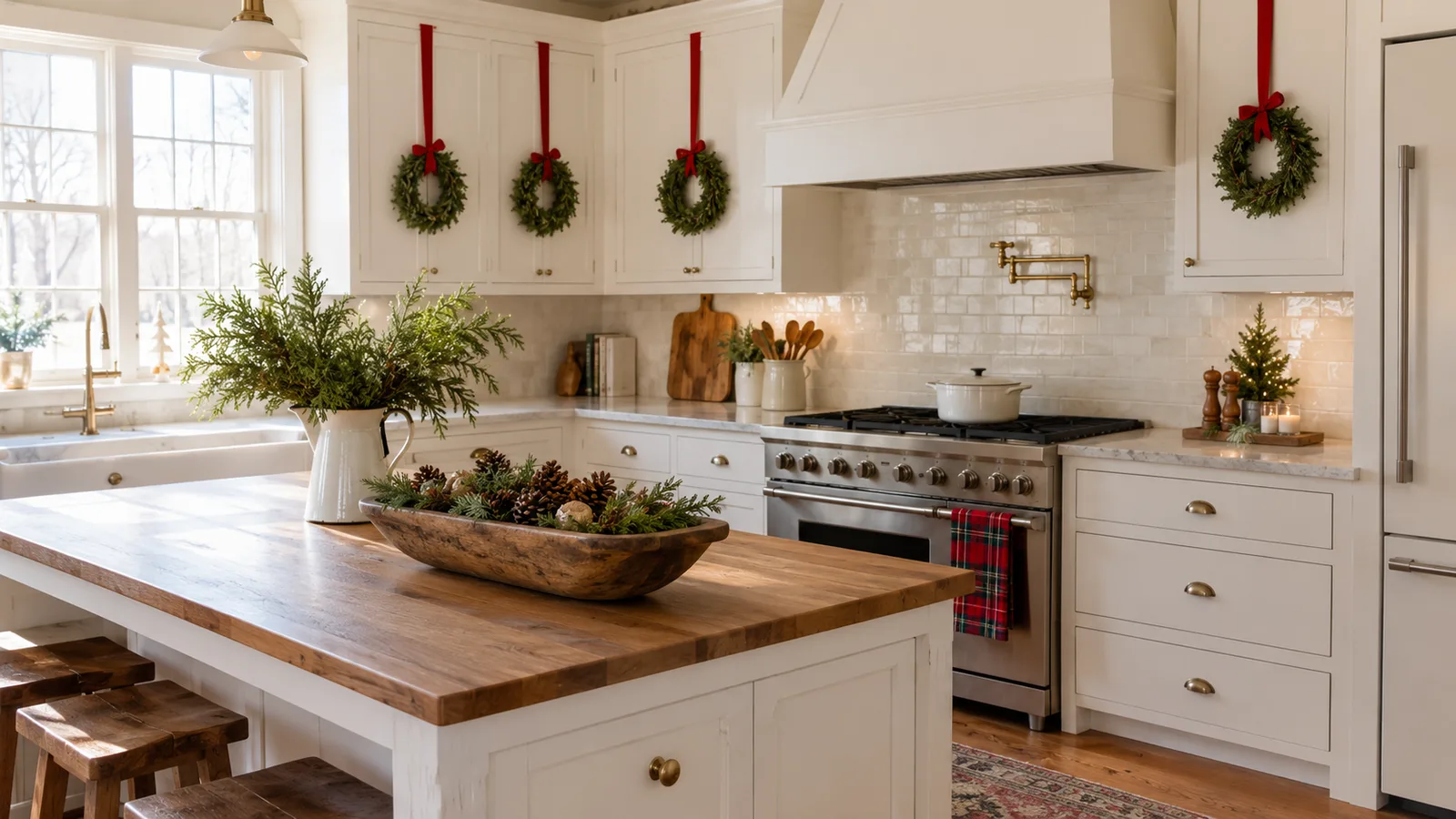 White farmhouse kitchen with wreaths on cabinets, a dough bowl centerpiece and cedar in a pitcher