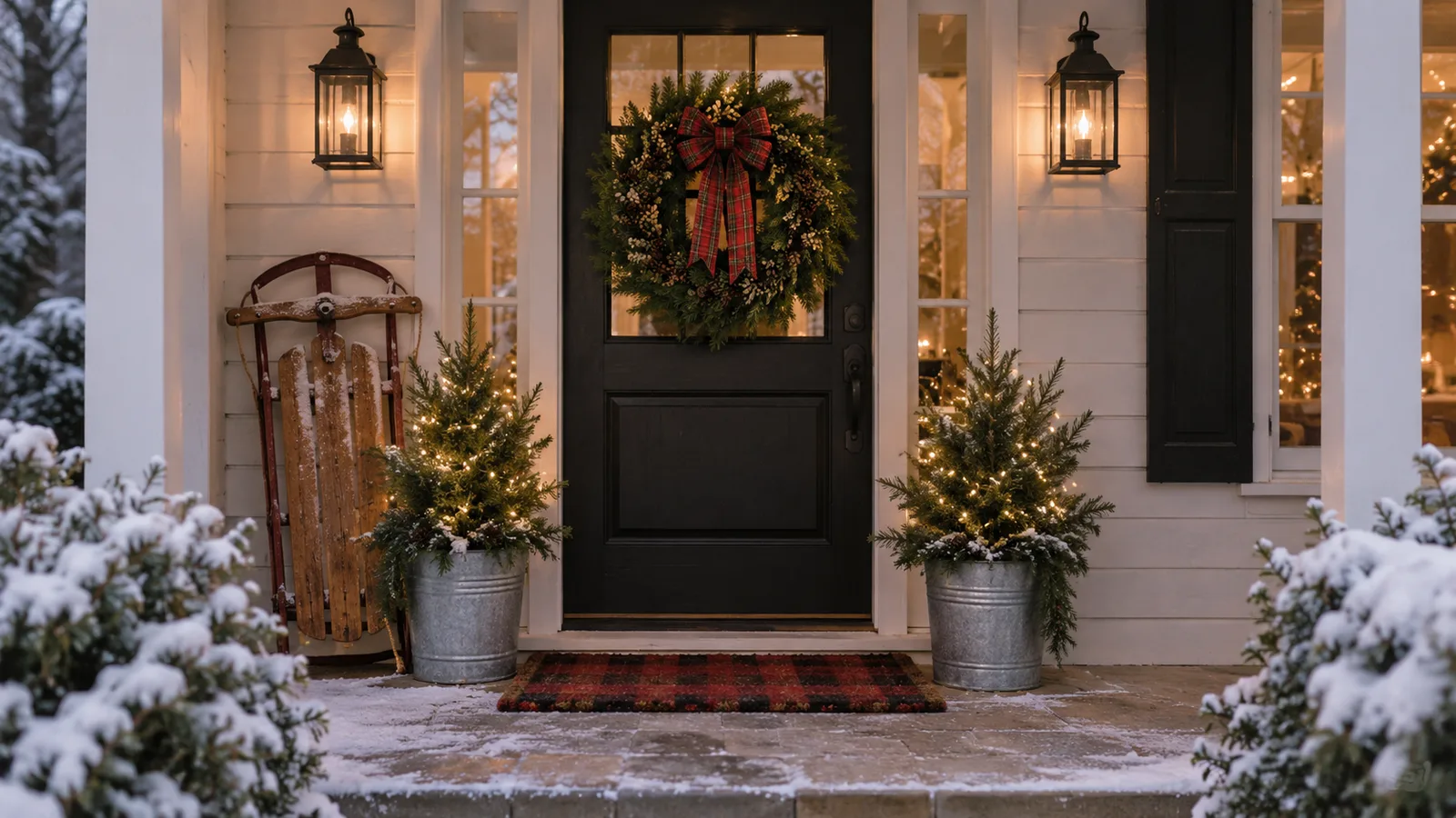 Farmhouse porch with a fresh wreath, potted evergreens in galvanized buckets and a vintage sled