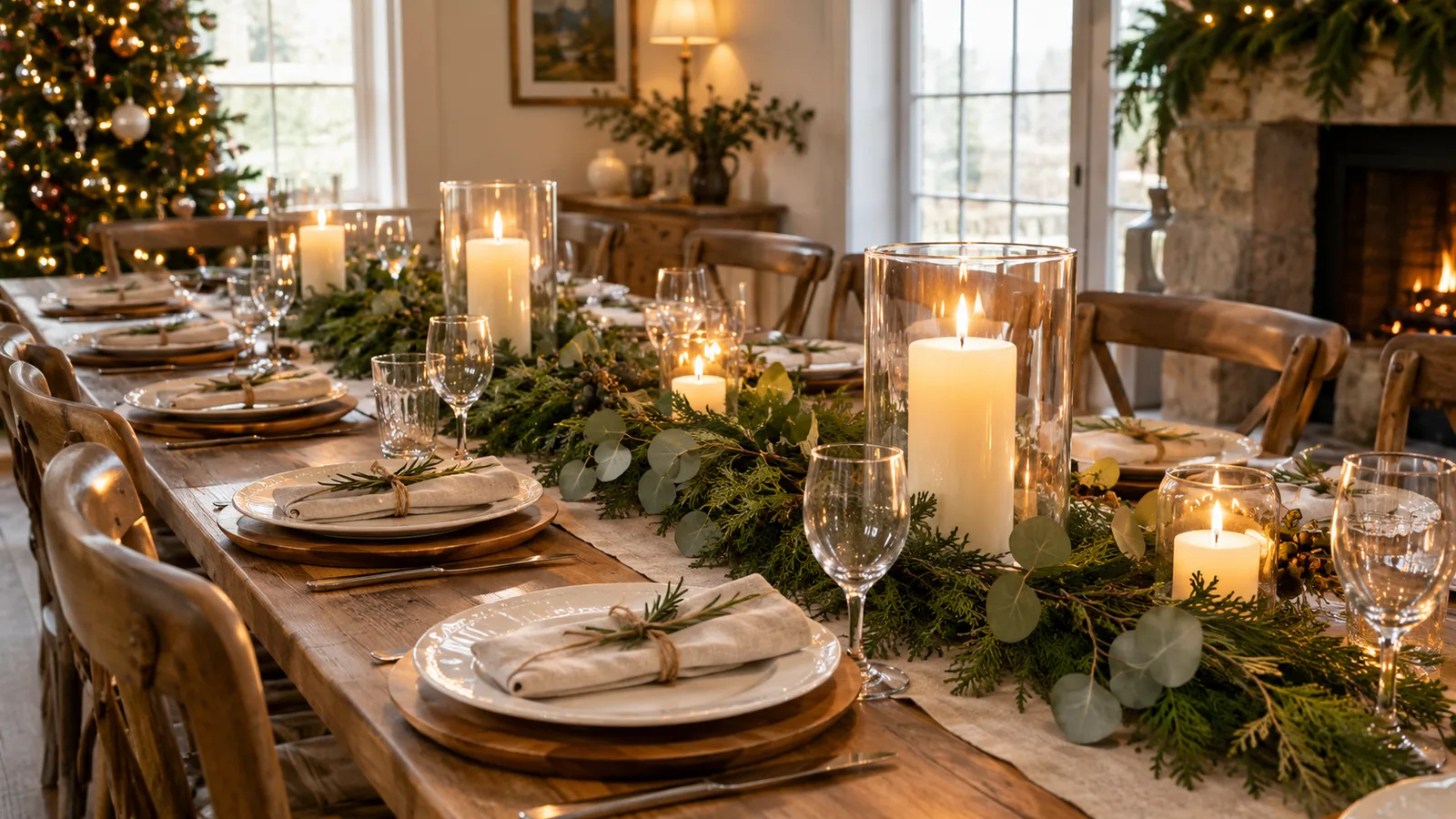 Farmhouse table set for Christmas with a eucalyptus runner, candles in hurricanes and ironstone plates