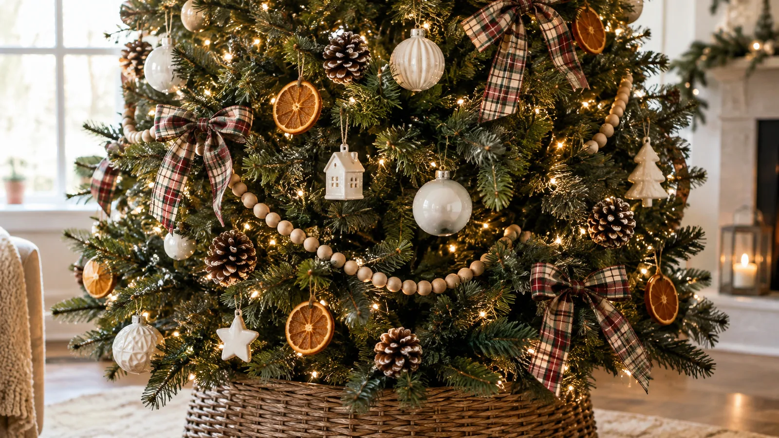 Farmhouse Christmas tree with wood bead garland, white ornaments, pinecones and plaid bows