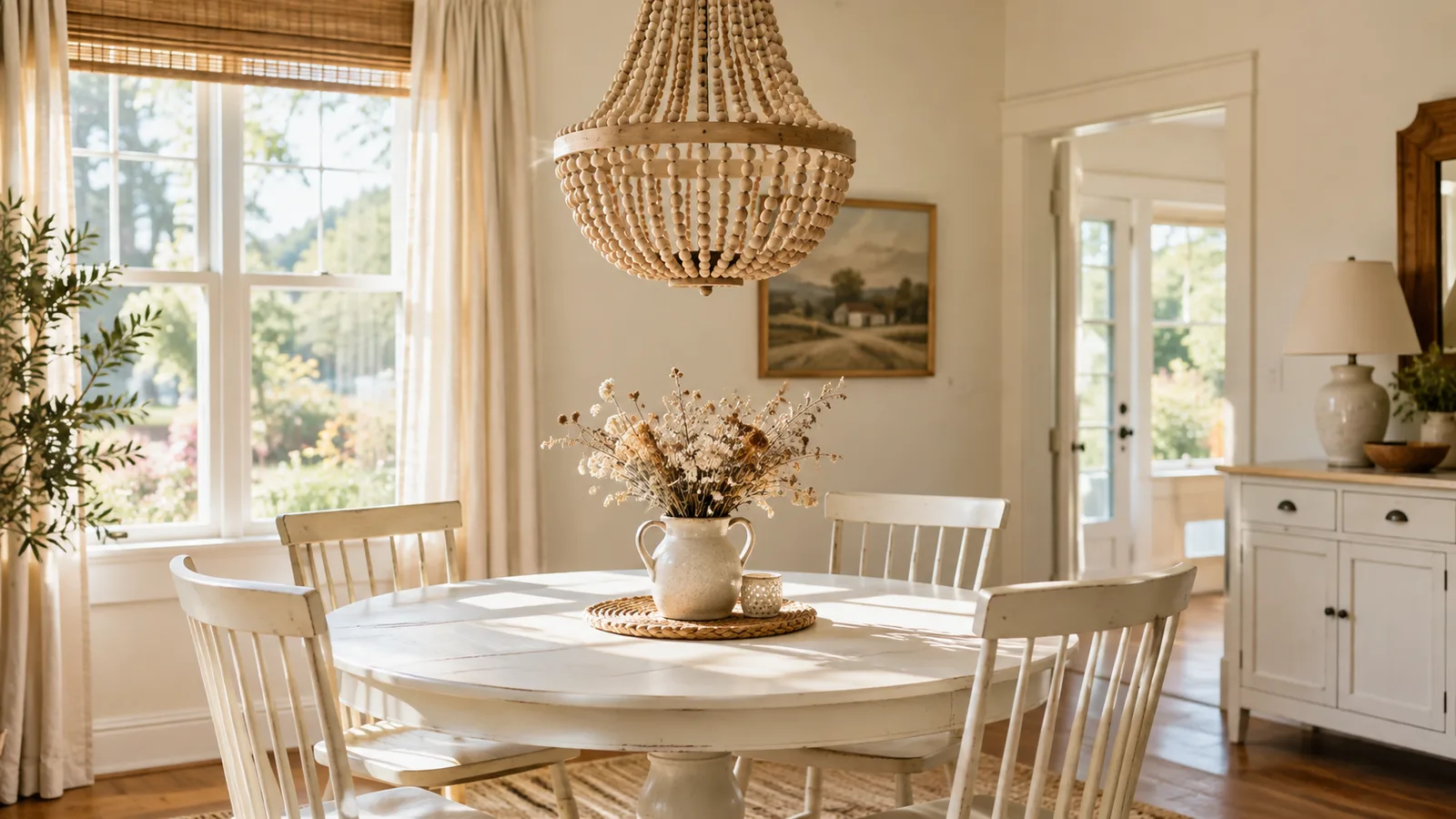 Wood bead chandelier over a round white farmhouse table with spindle chairs