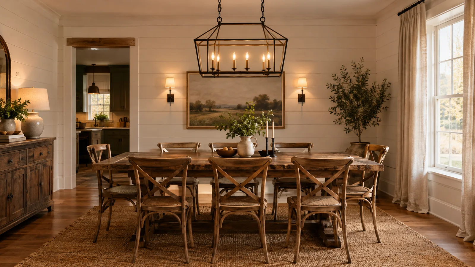 Farmhouse dining room with a black iron lantern chandelier over a wooden table with cross-back chairs