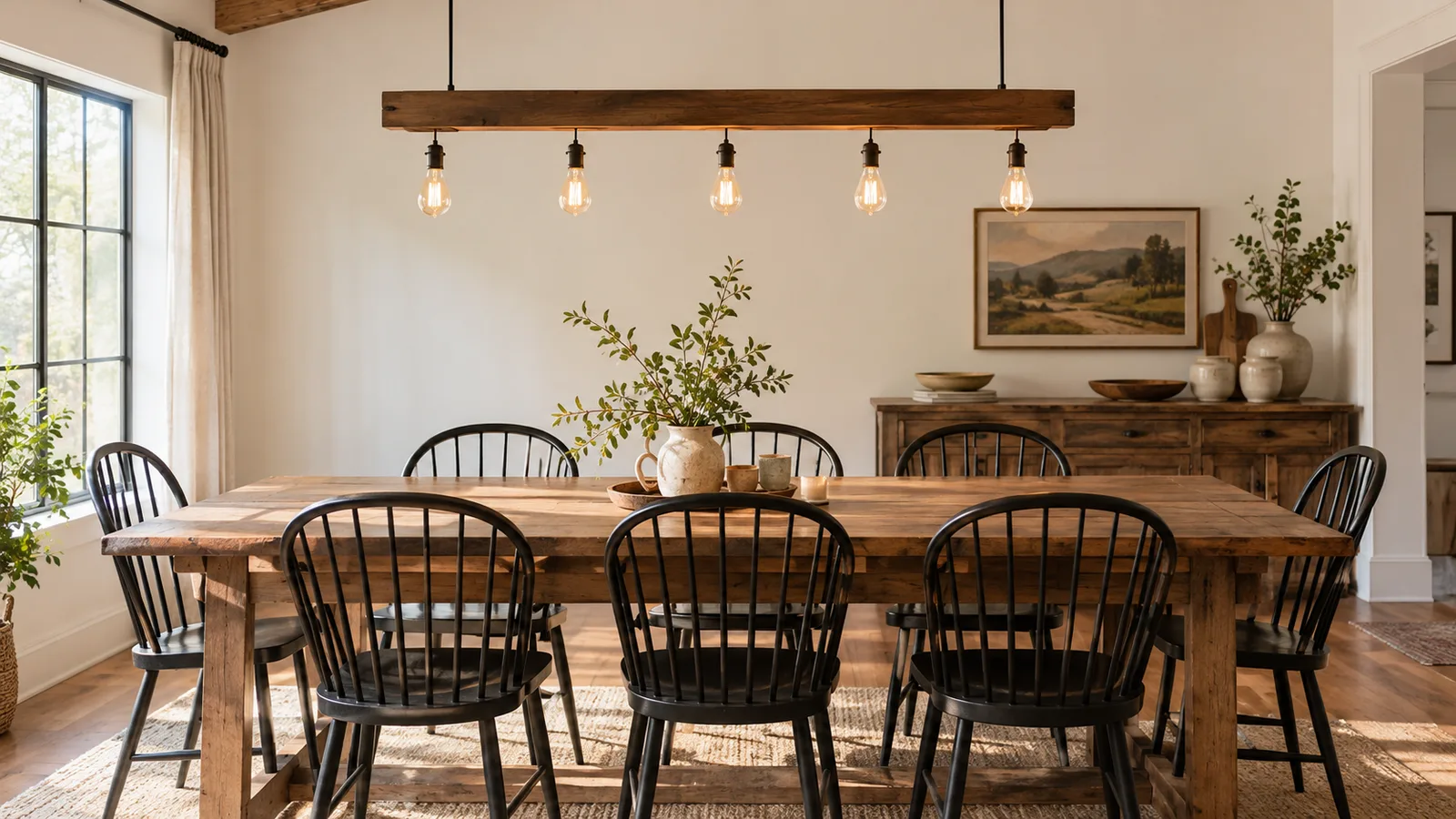 Linear wood beam fixture with exposed bulbs over a long farmhouse table