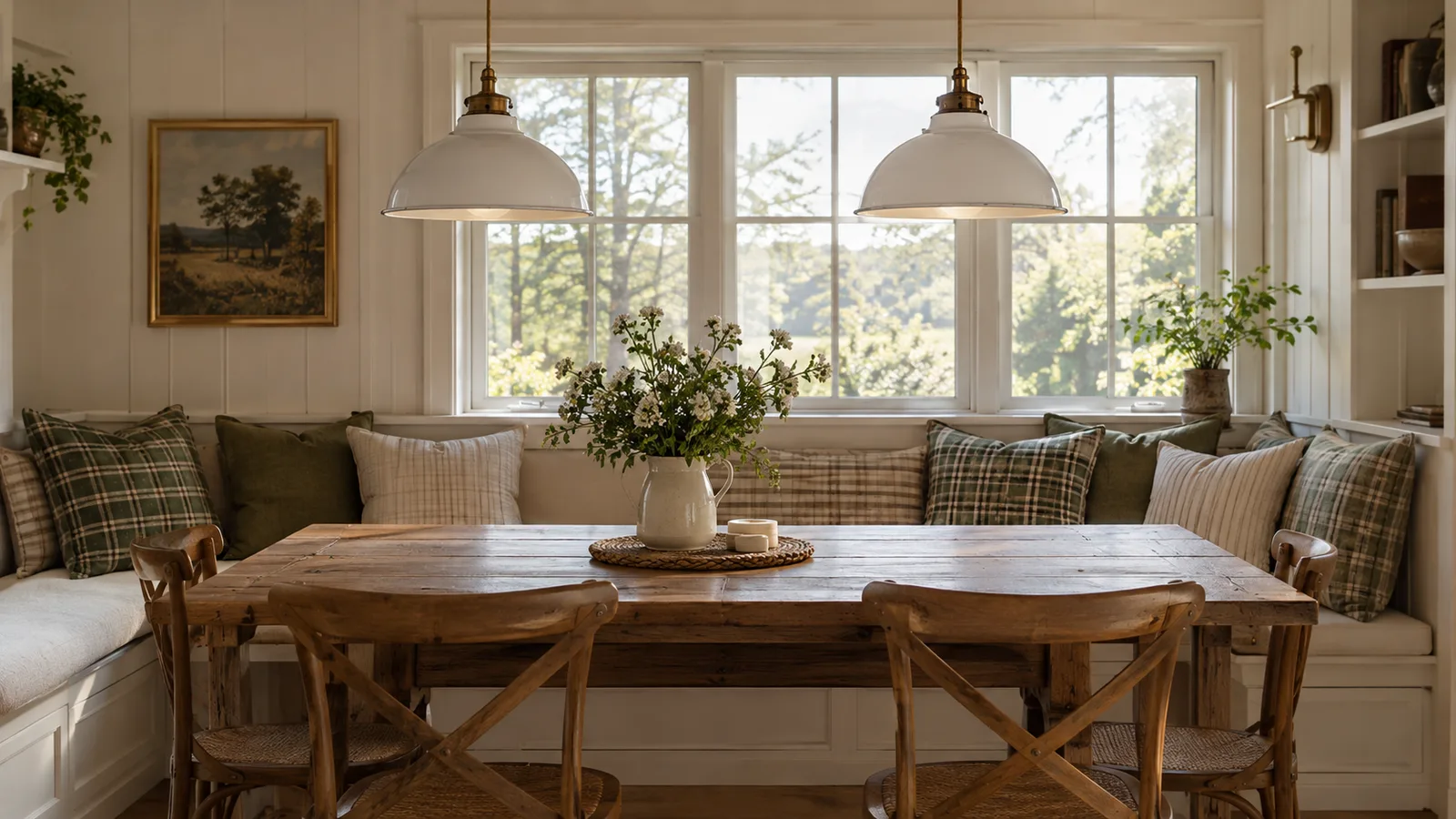 Two white enamel barn pendants over a dining nook table with a built-in bench