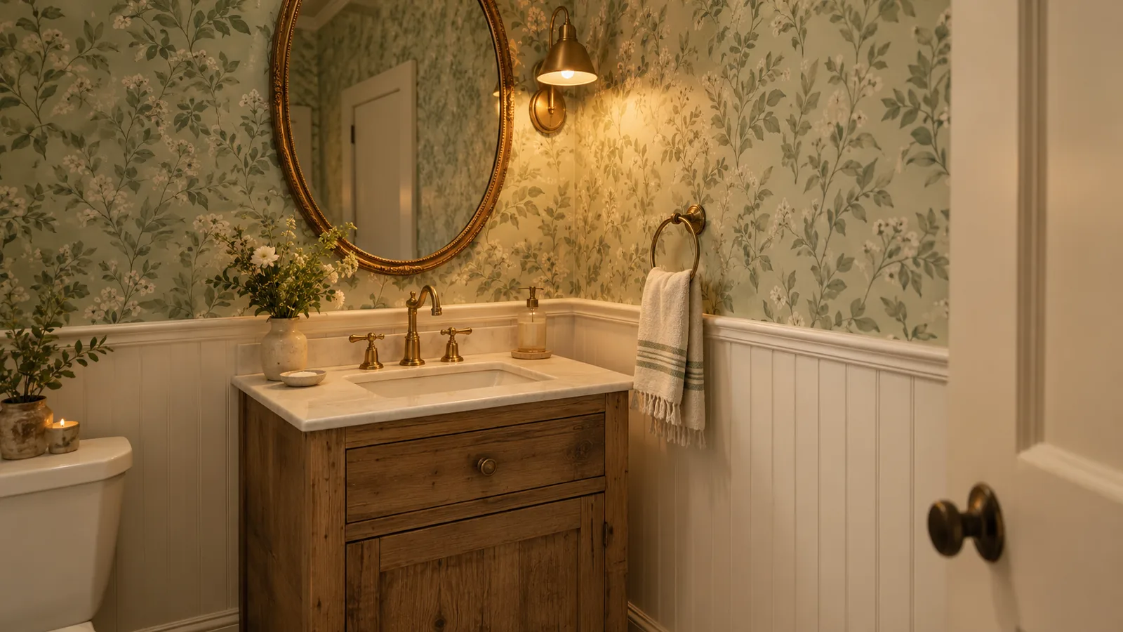 Farmhouse half bathroom with botanical wallpaper, a small wood vanity with white sink, a brass faucet and an antique mirror