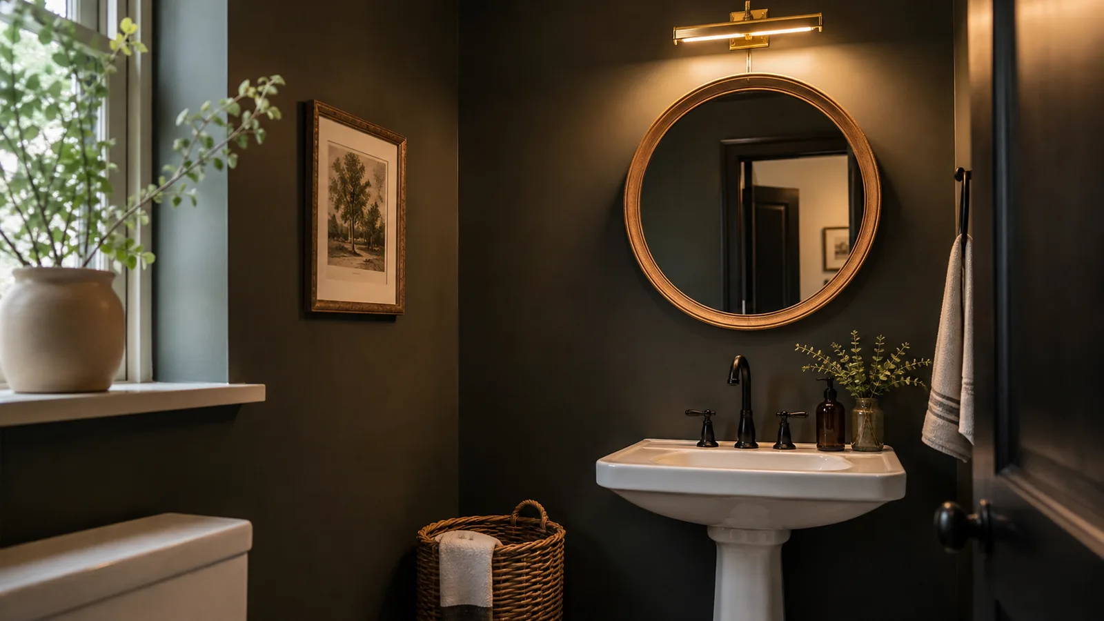Moody farmhouse half bath painted deep charcoal green with a pedestal sink