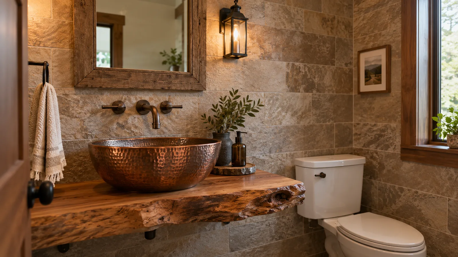 Hammered copper vessel sink on a live-edge wood shelf with a wall-mounted faucet