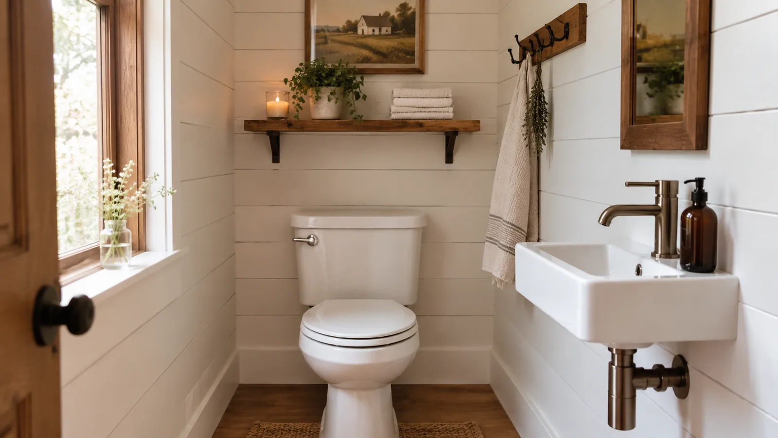 Narrow wooden shelf above a toilet with a candle, plant and hand towels