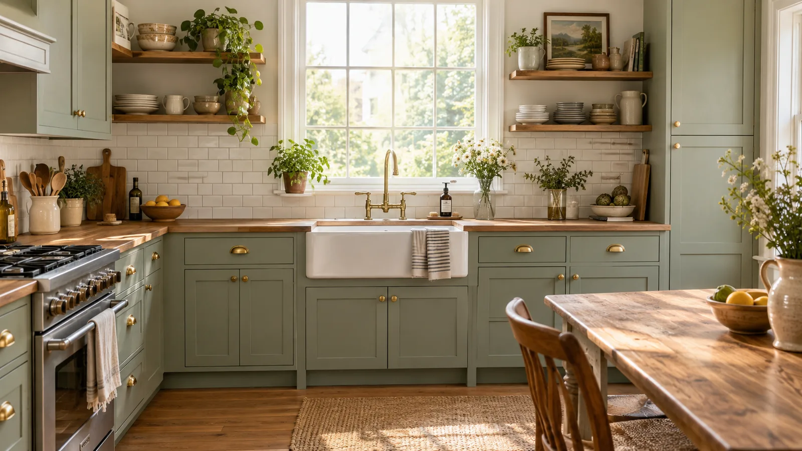 Farmhouse kitchen with sage green shaker cabinets, brass cup pulls and a white apron-front sink