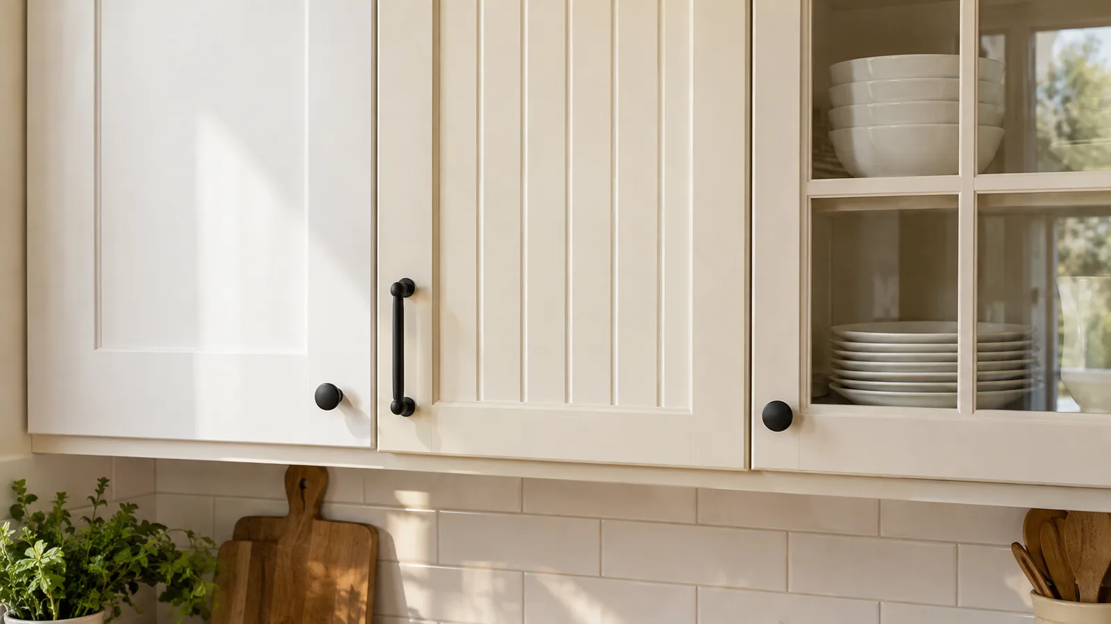 White shaker, cream beadboard and glass-front cabinet doors side by side