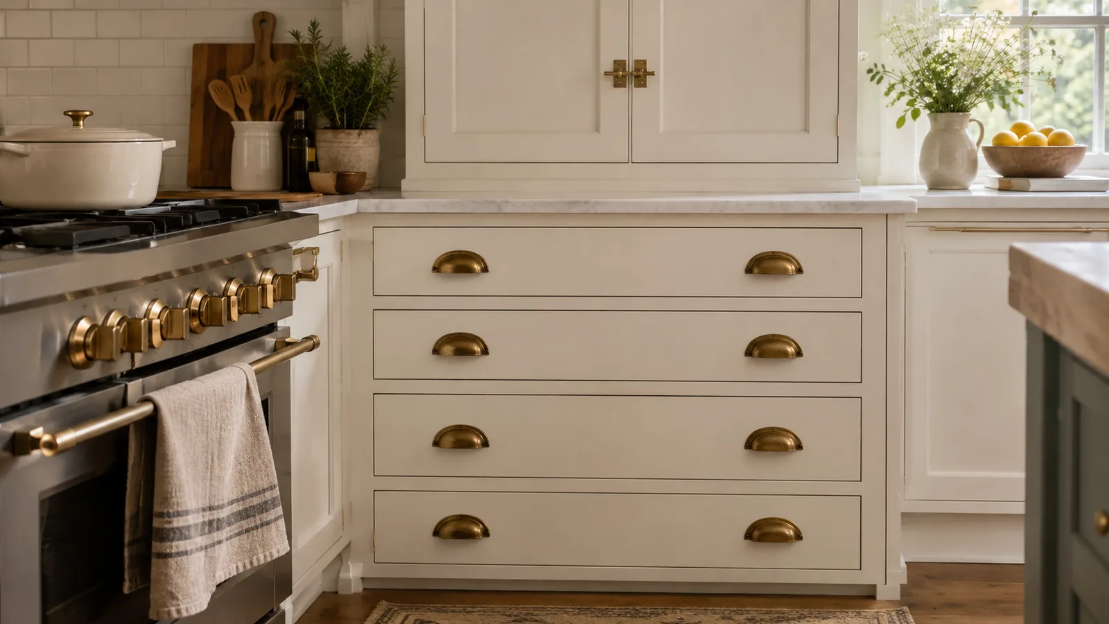Brass cup pulls on drawers and brass latches on cabinet doors