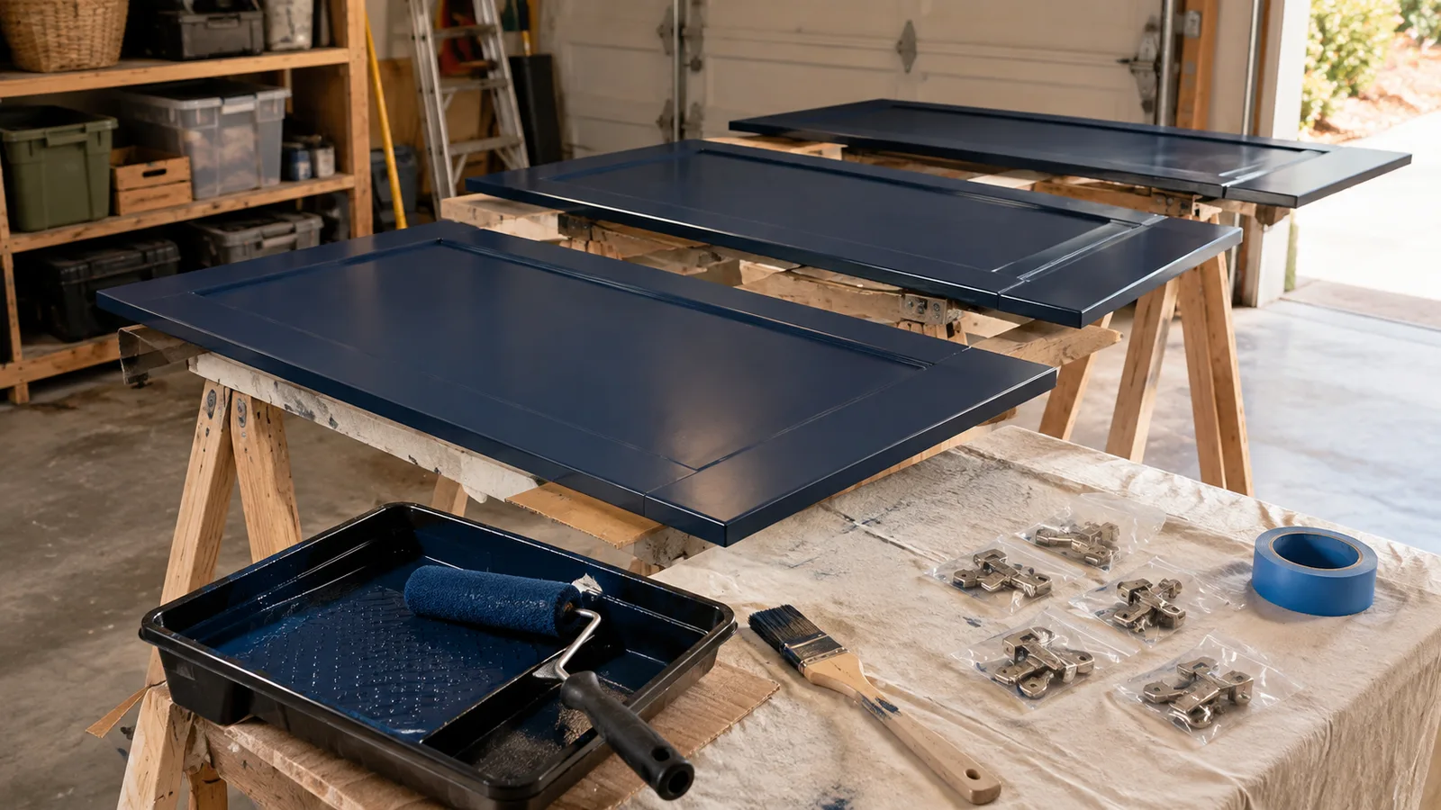 Cabinet doors on sawhorses being painted navy with a foam roller and brush