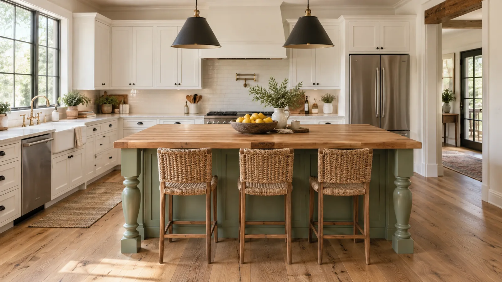 Farmhouse kitchen with a sage green island, butcher block top and turned legs, white cabinets and pendant lights