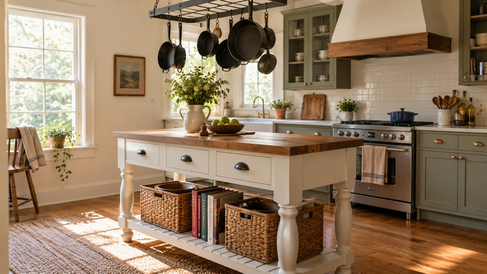 Small farmhouse island with white base, walnut top and open shelf with baskets
