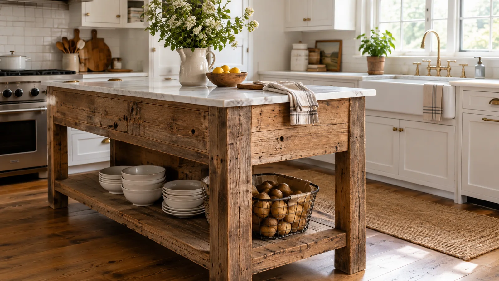 Reclaimed barn wood kitchen island with marble top and open lower shelf