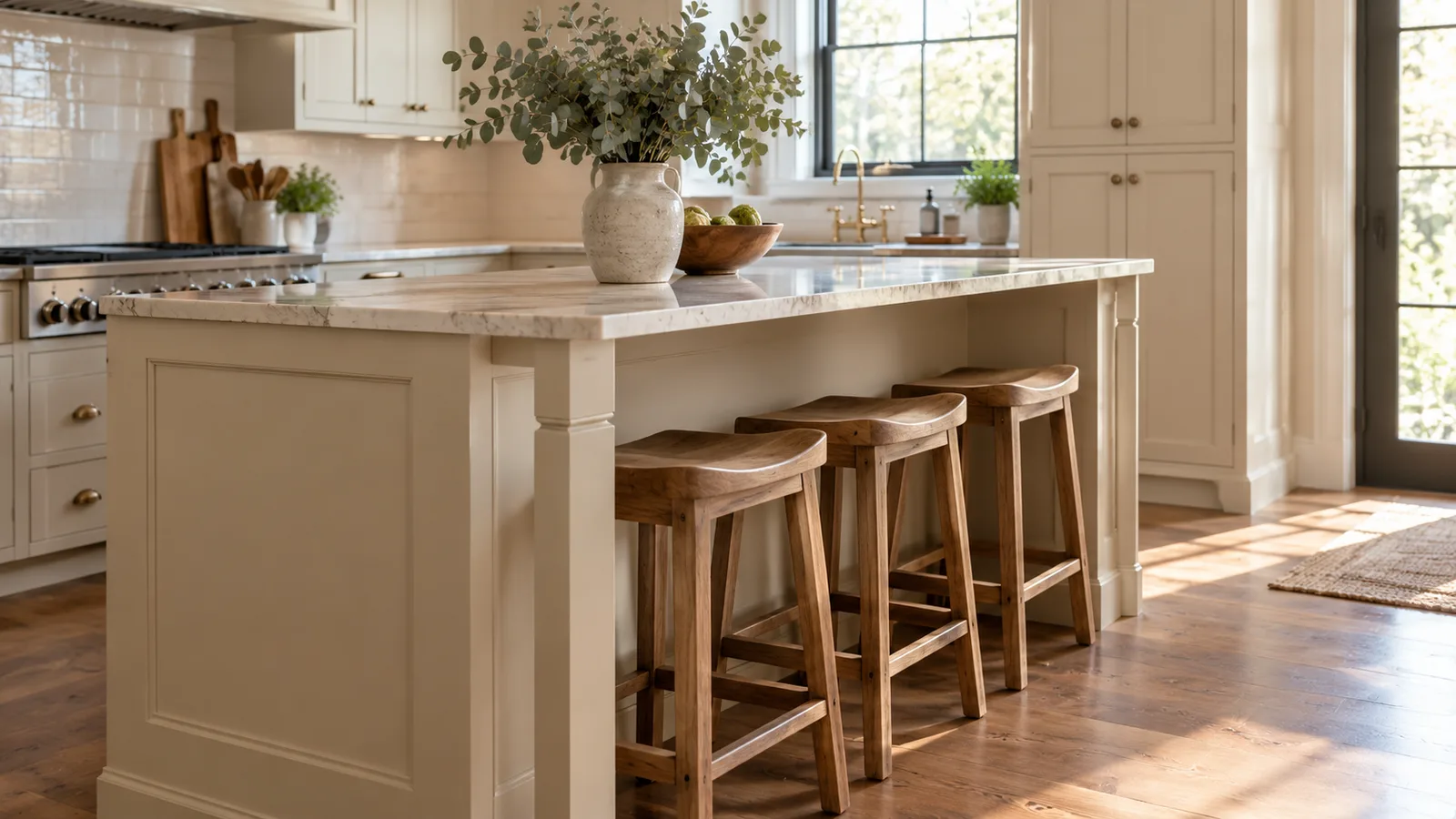 Farmhouse island side view with countertop overhang and three counter stools