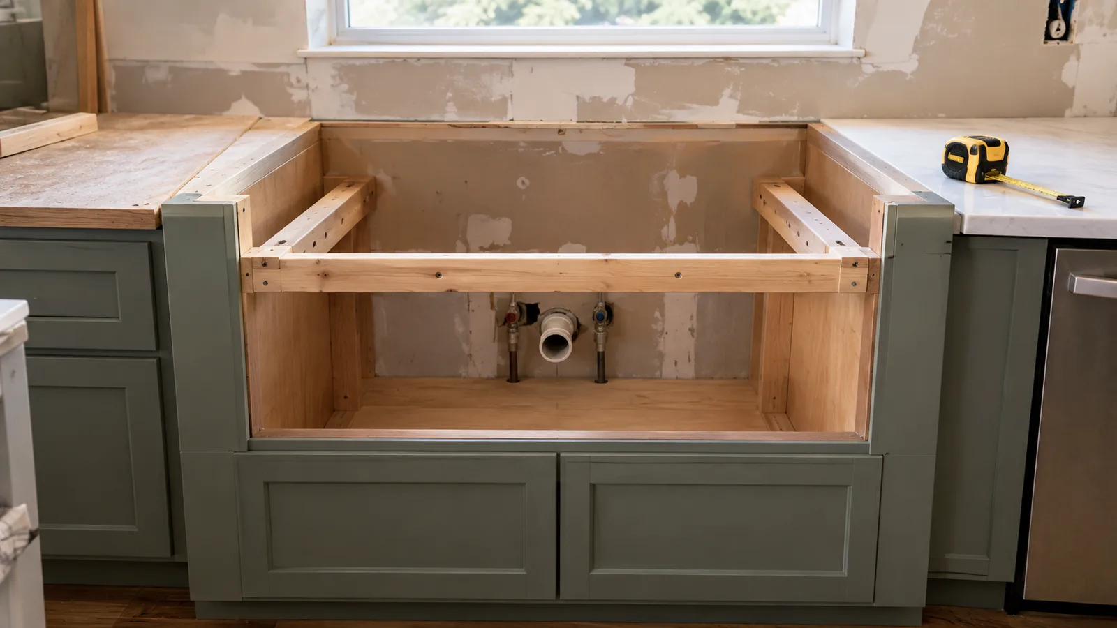 Apron-front sink base cabinet with the top front cut away and wood support rails inside